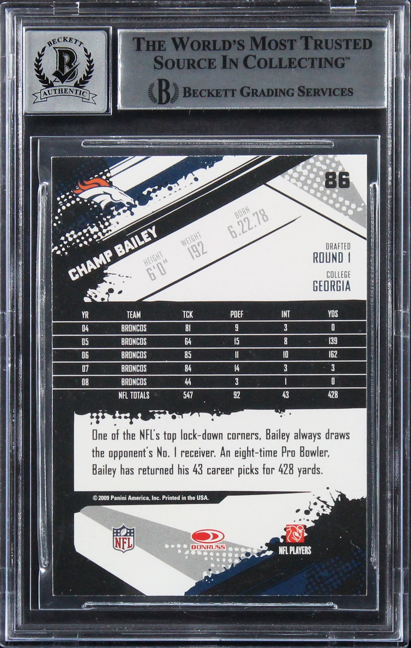 Broncos Champ Bailey Signed 2009 Score Inscriptions #86 Card Auto 10 BAS Slabbed