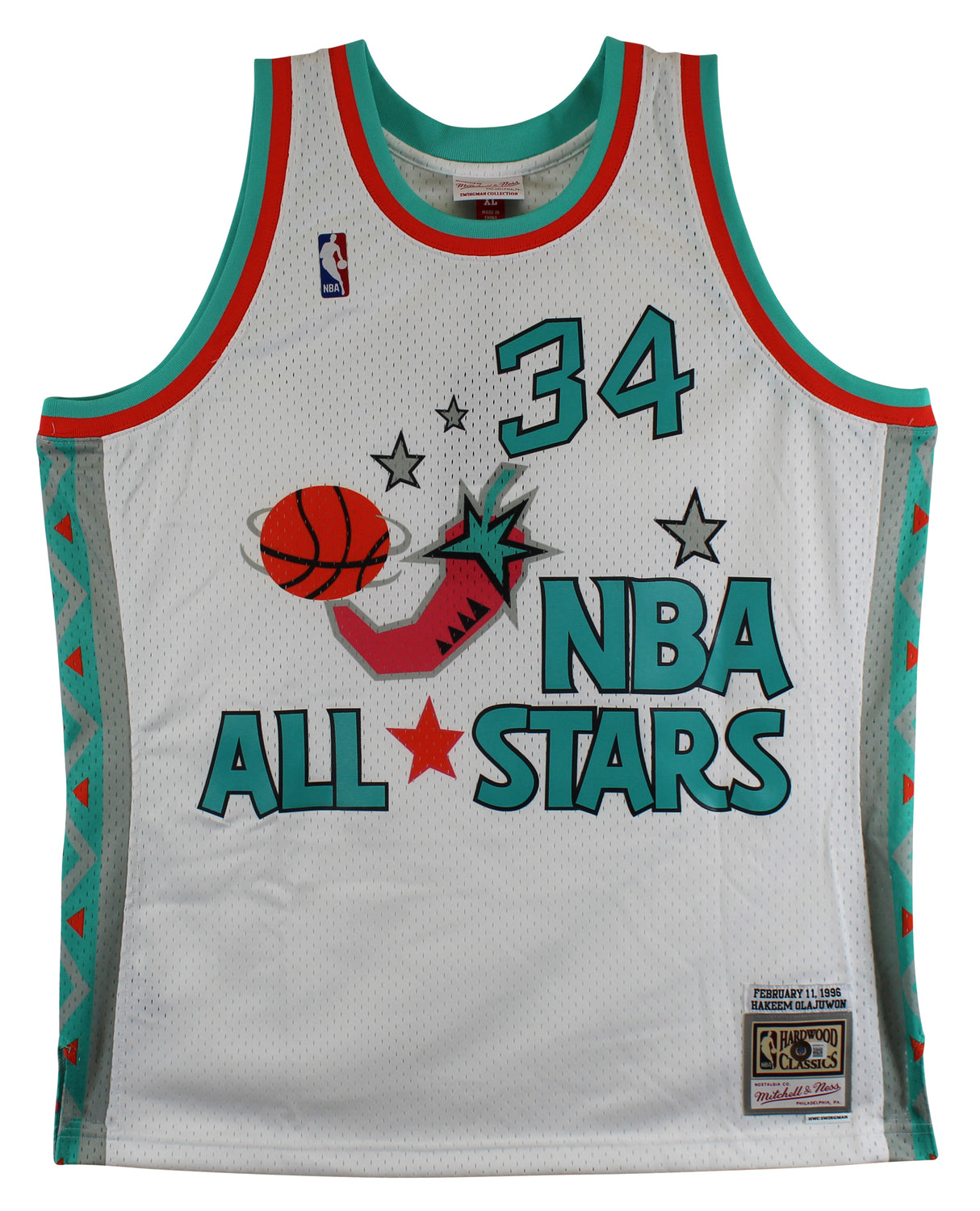 Rockets Hakeem Olajuwon Signed 1996 White M&N ASG Swingman Jersey BAS Witnessed