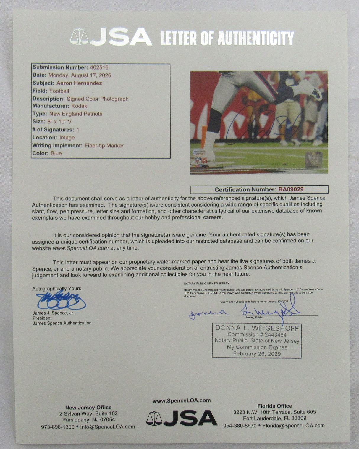 Aaron Hernandez Signed 8x10 Photo JSA BA09029