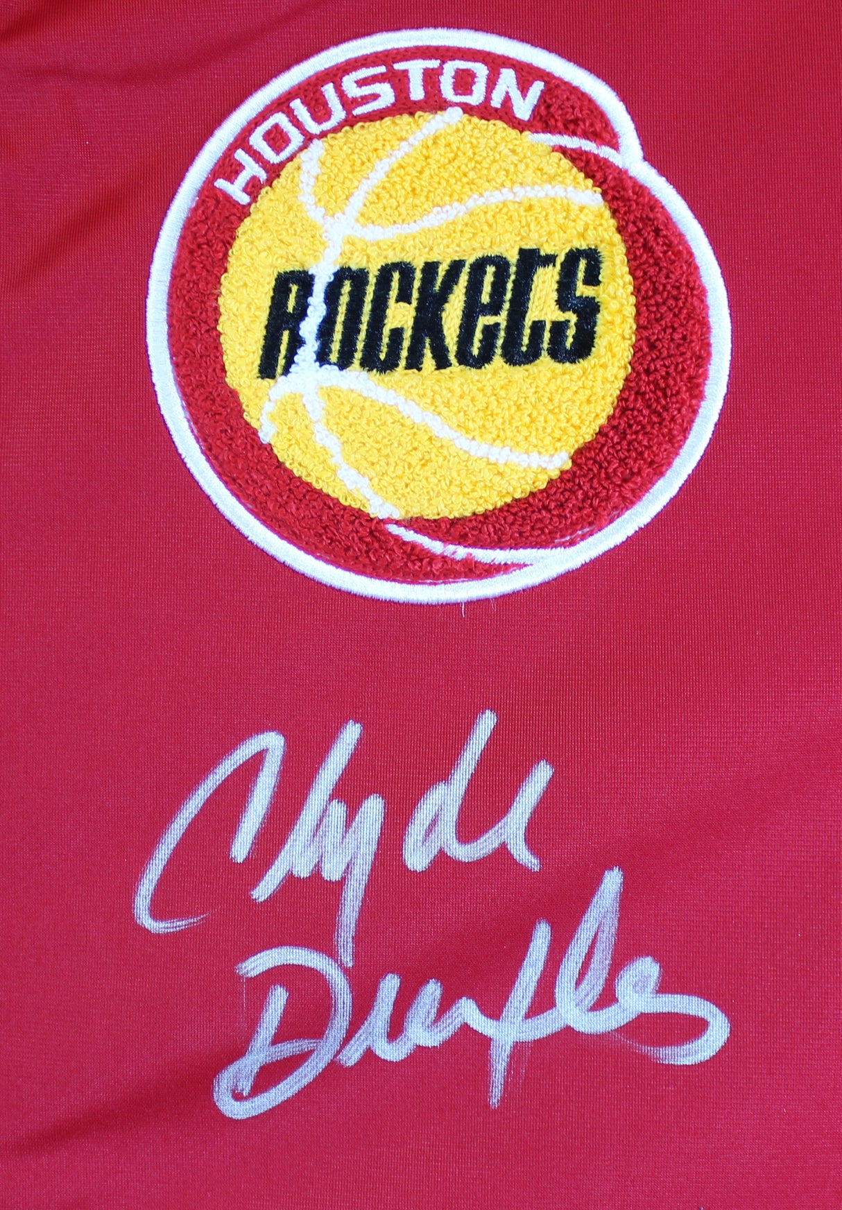 Rockets Hakeem Olajuwon & Clyde Drexler Signed Red M&N Warmup Jacket BAS Witness