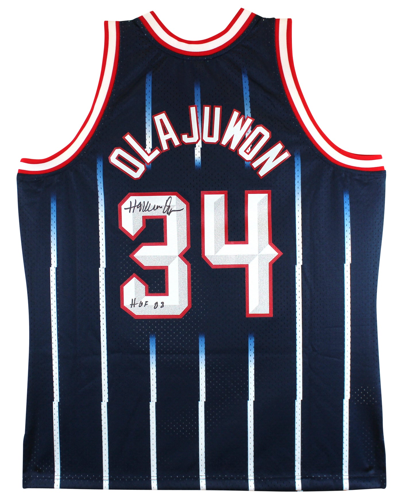 Rockets Hakeem Olajuwon "HOF 08" Signed Navy Blue Mitchell & Ness Jersey BAS Wit