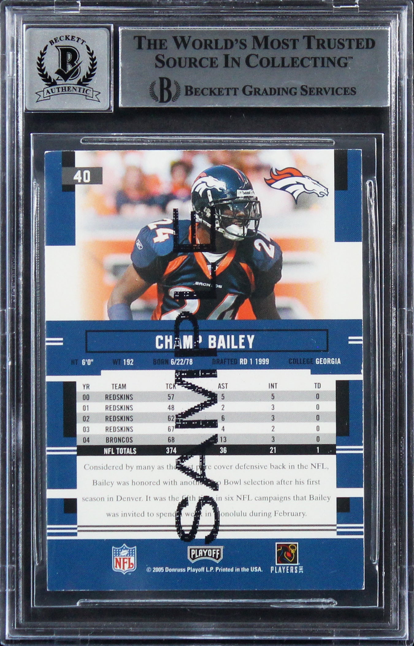 Champ Bailey Signed 2005 Playoff Prestige Sample #40 Card Auto 10! BAS Slabbed