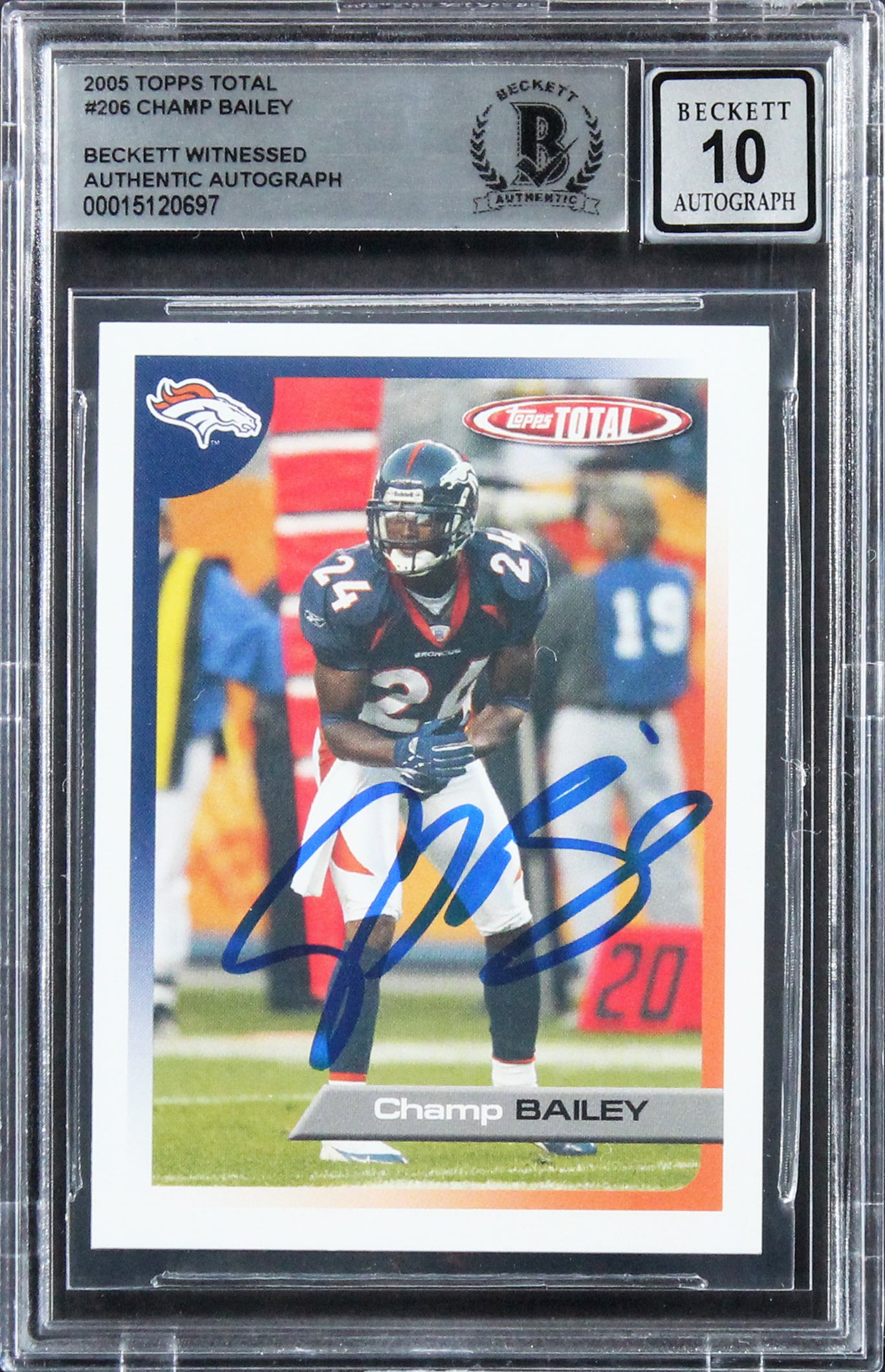 Broncos Champ Bailey Signed 2005 Topps Total #206 Card Auto 10! BAS Slabbed