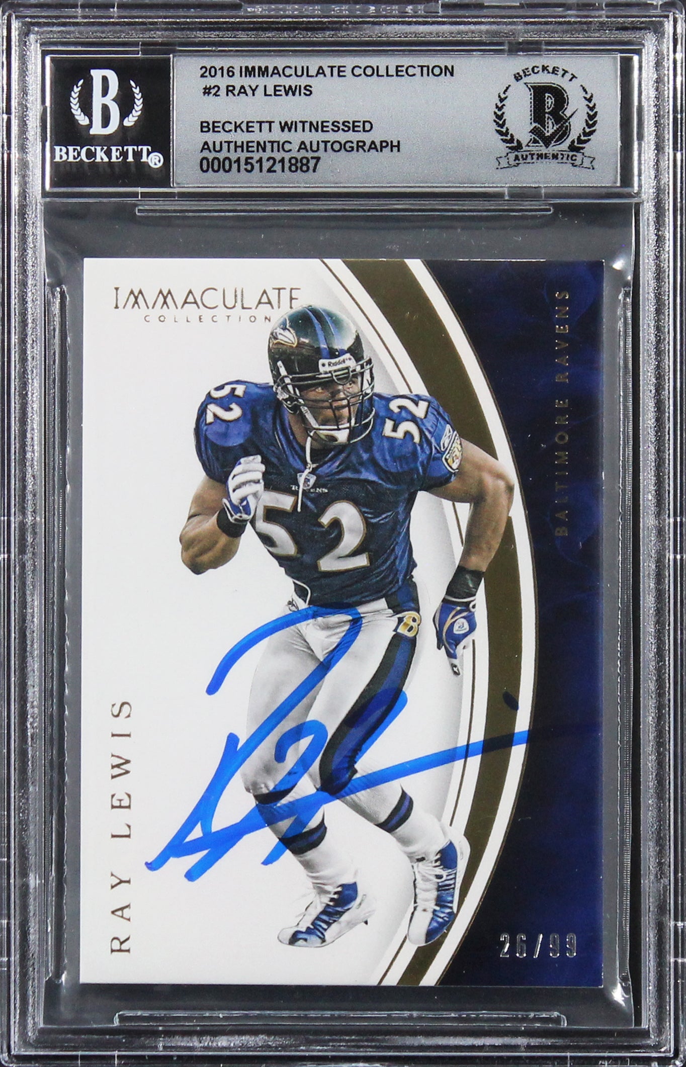 Ray Lewis Signed 2016 Immaculate Collection #2 26/99 Card Auto 10! BAS Slabbed