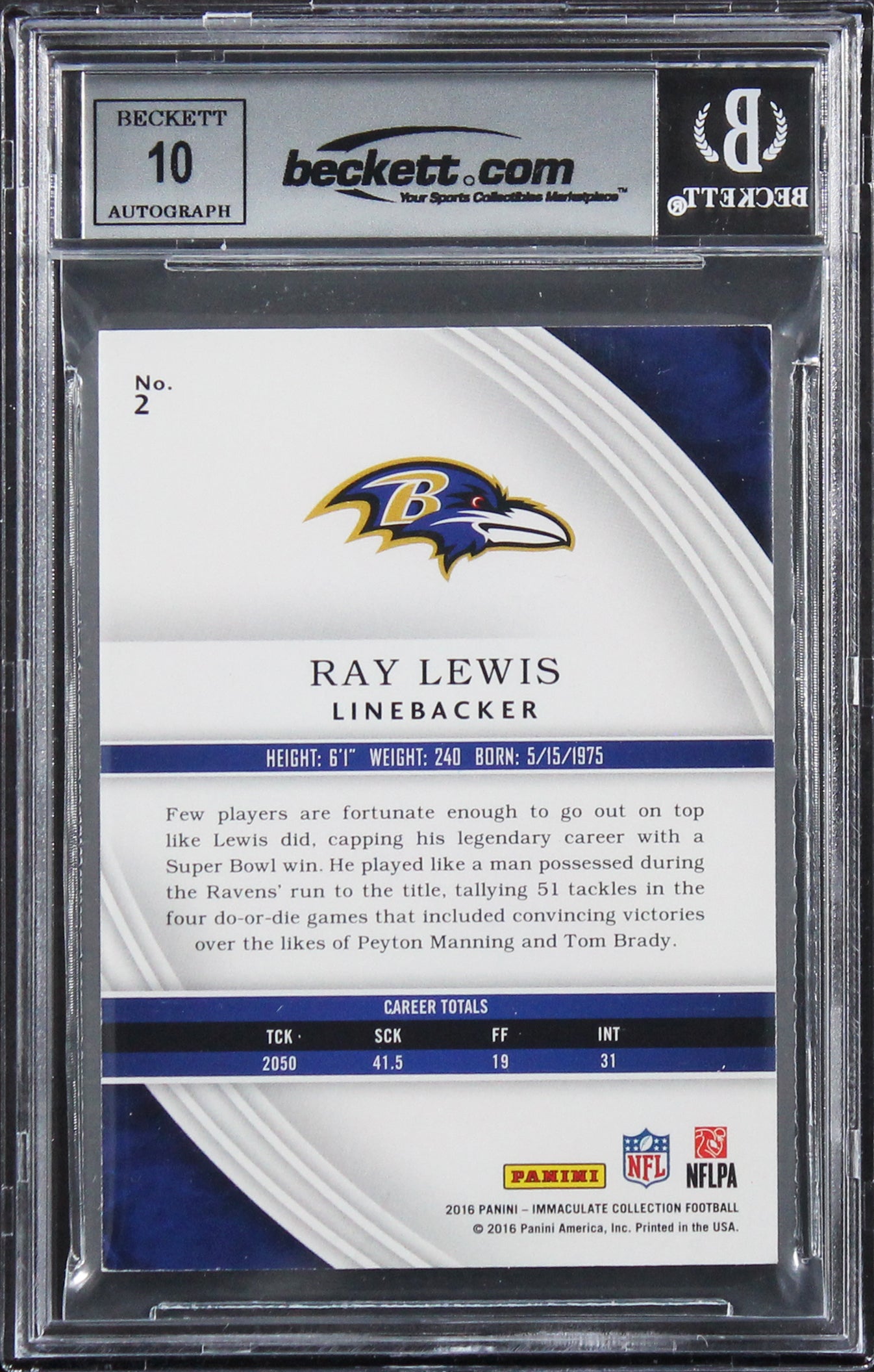 Ray Lewis Signed 2016 Immaculate Collection #2 26/99 Card Auto 10! BAS Slabbed