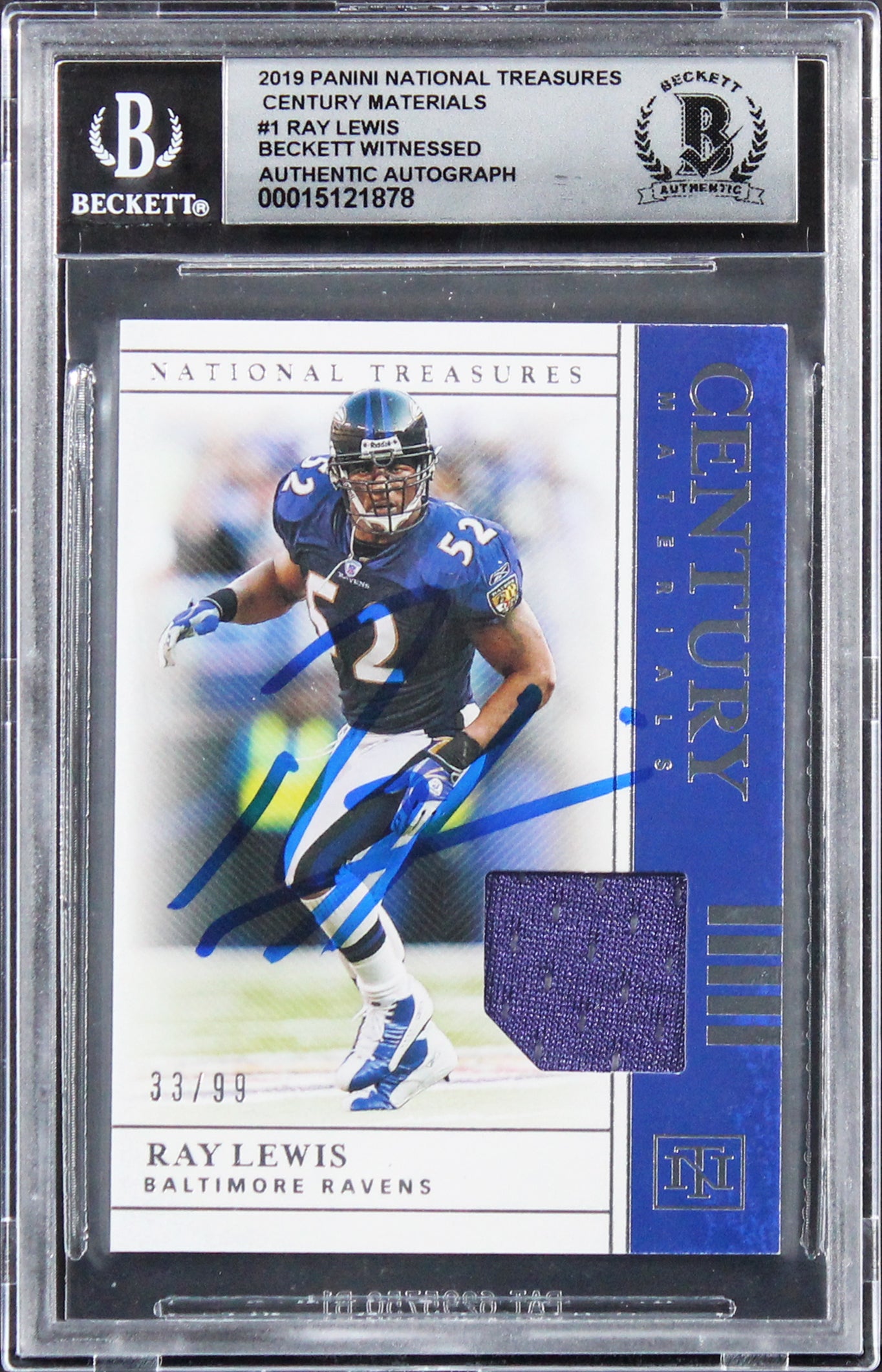 Ray Lewis Signed 2019 National Treasures CM #1 33/99 Card Auto 10! BAS Slabbed