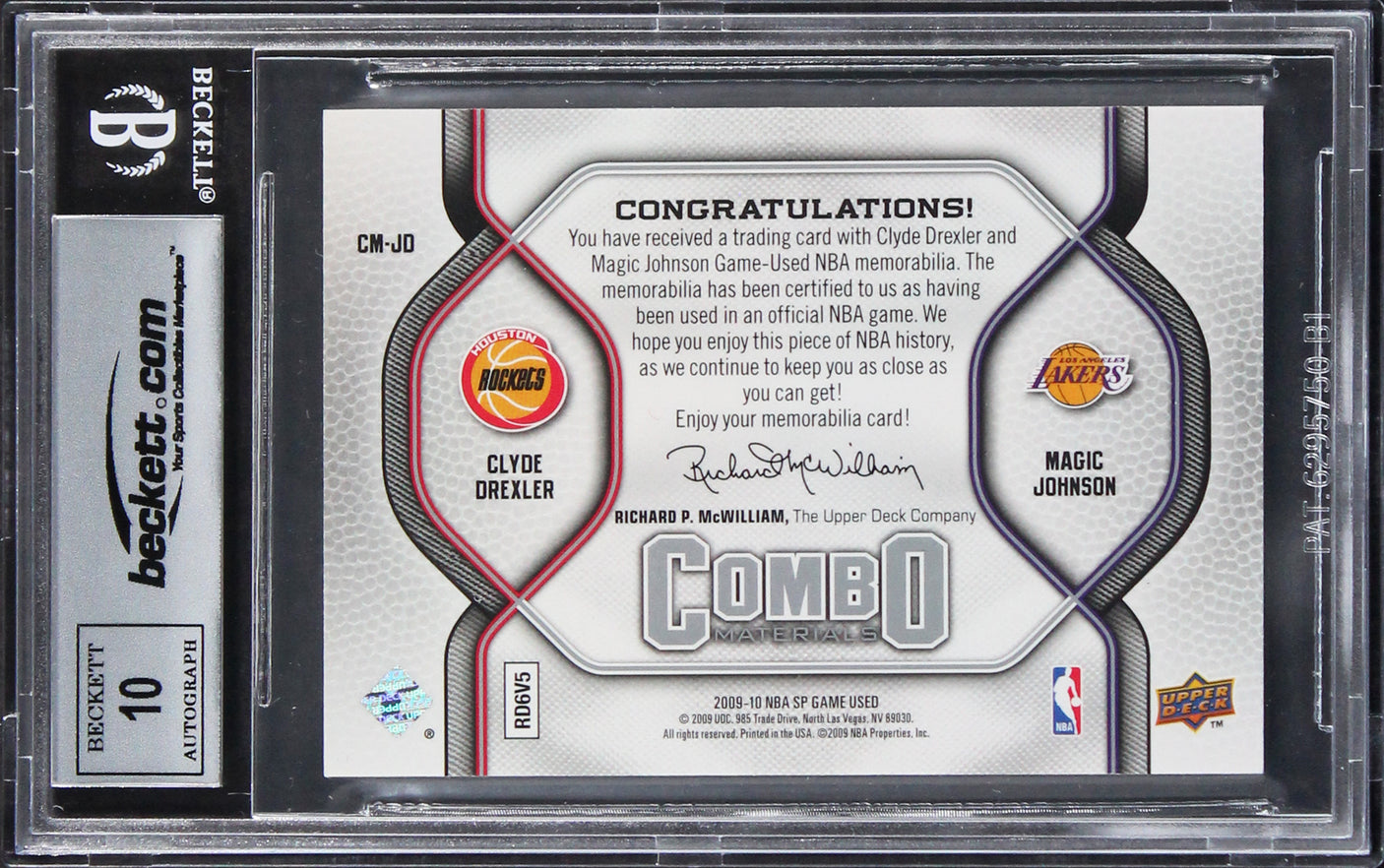 Magic Johnson & Clyde Drexler Signed 2009 SP GUCM #CMJD Card Auto 10! BAS Slab 5