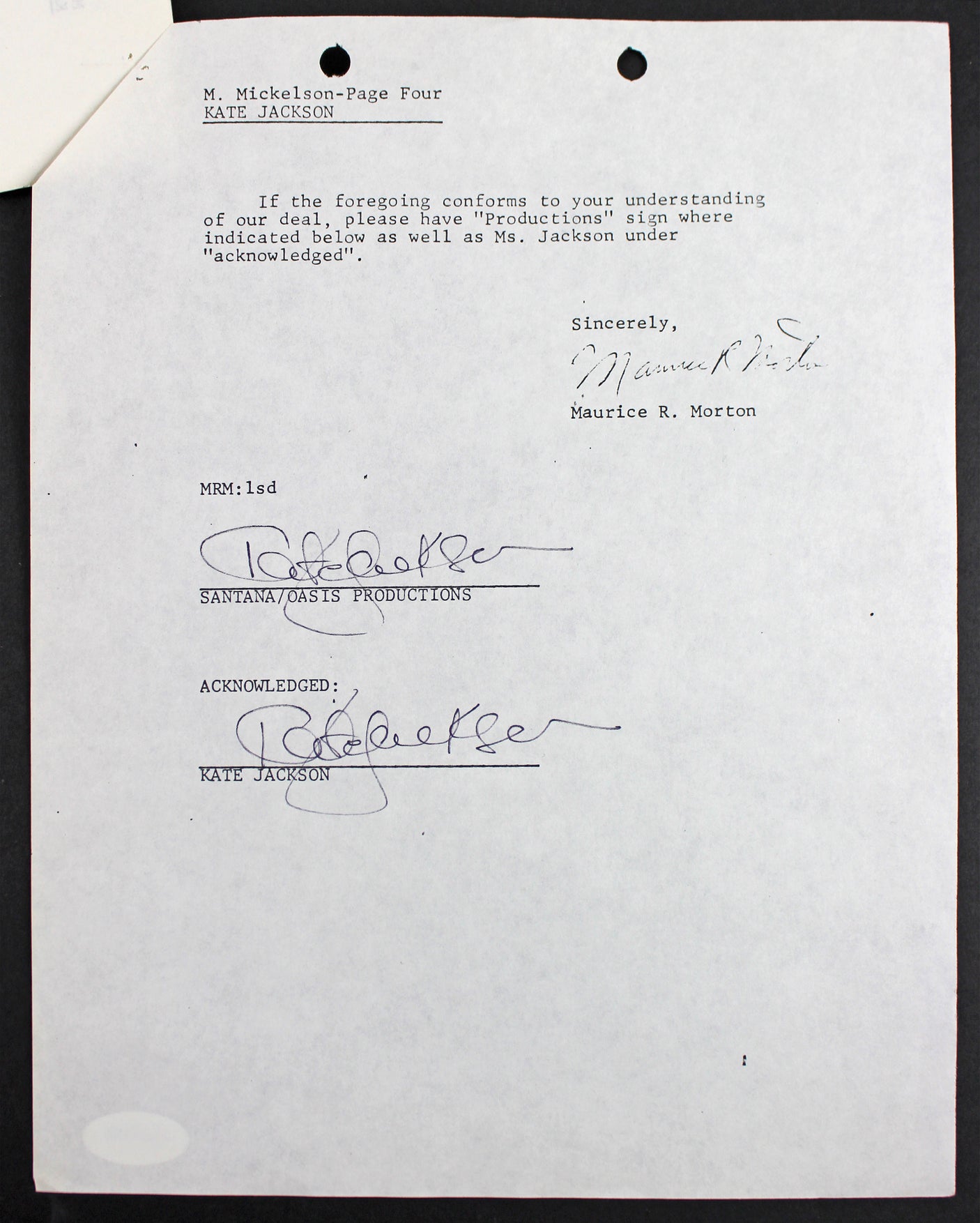 Kate Jackson Charlie's Angels 2x Signed April 28, 1978 4 Page Contract PSA