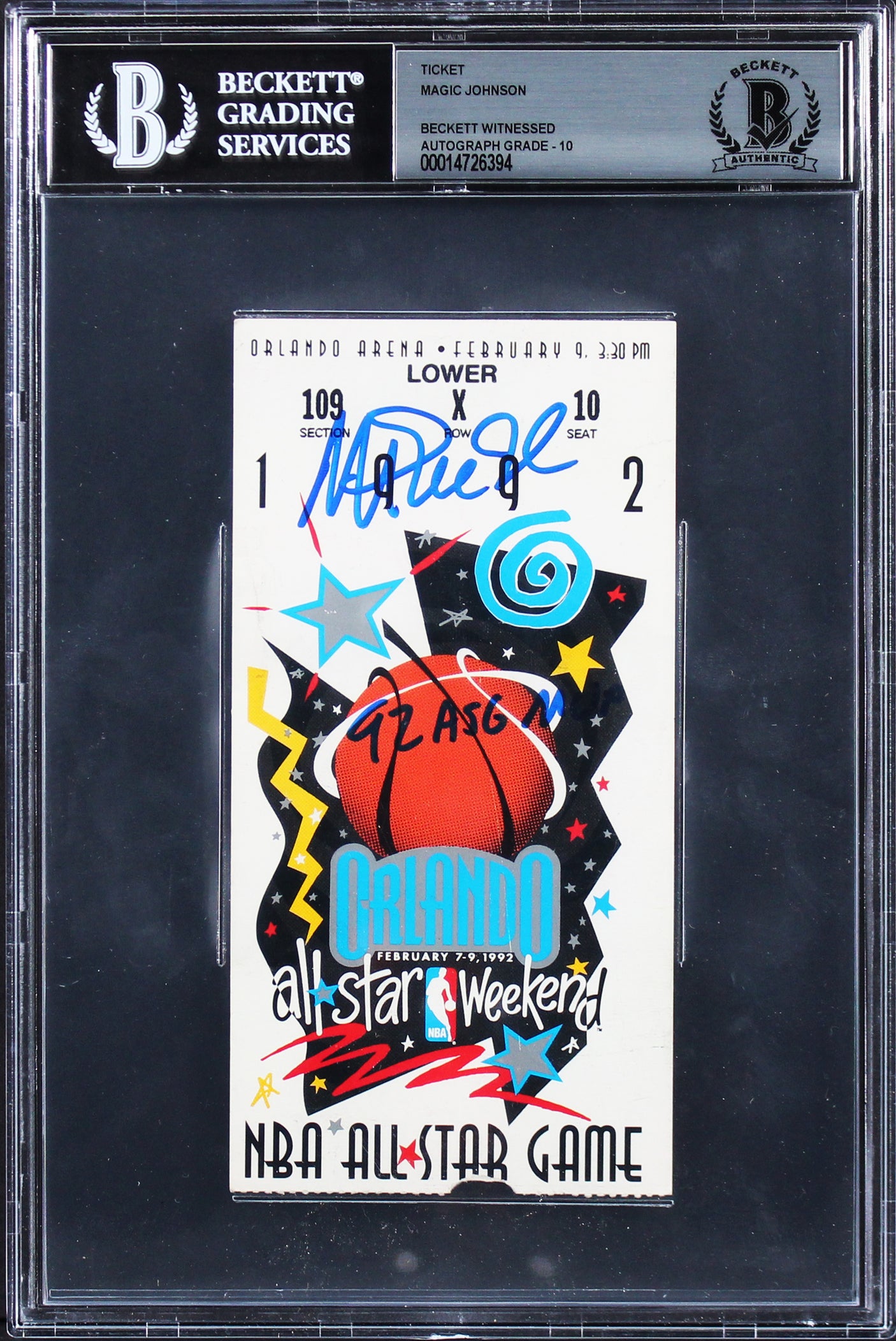 Lakers Magic Johnson "92 ASG MVP" Signed Ticket Stub Auto 10! BAS Slabbed