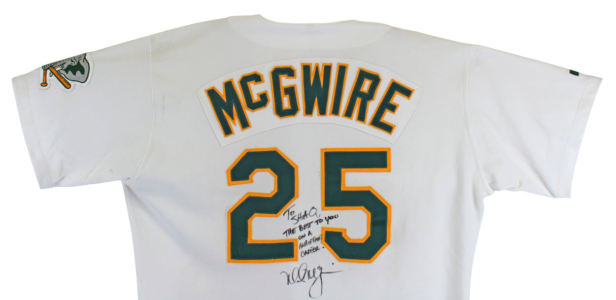A's Mark McGwire "To Shaq" Signed Game Used White Russell Athletic Jersey BAS