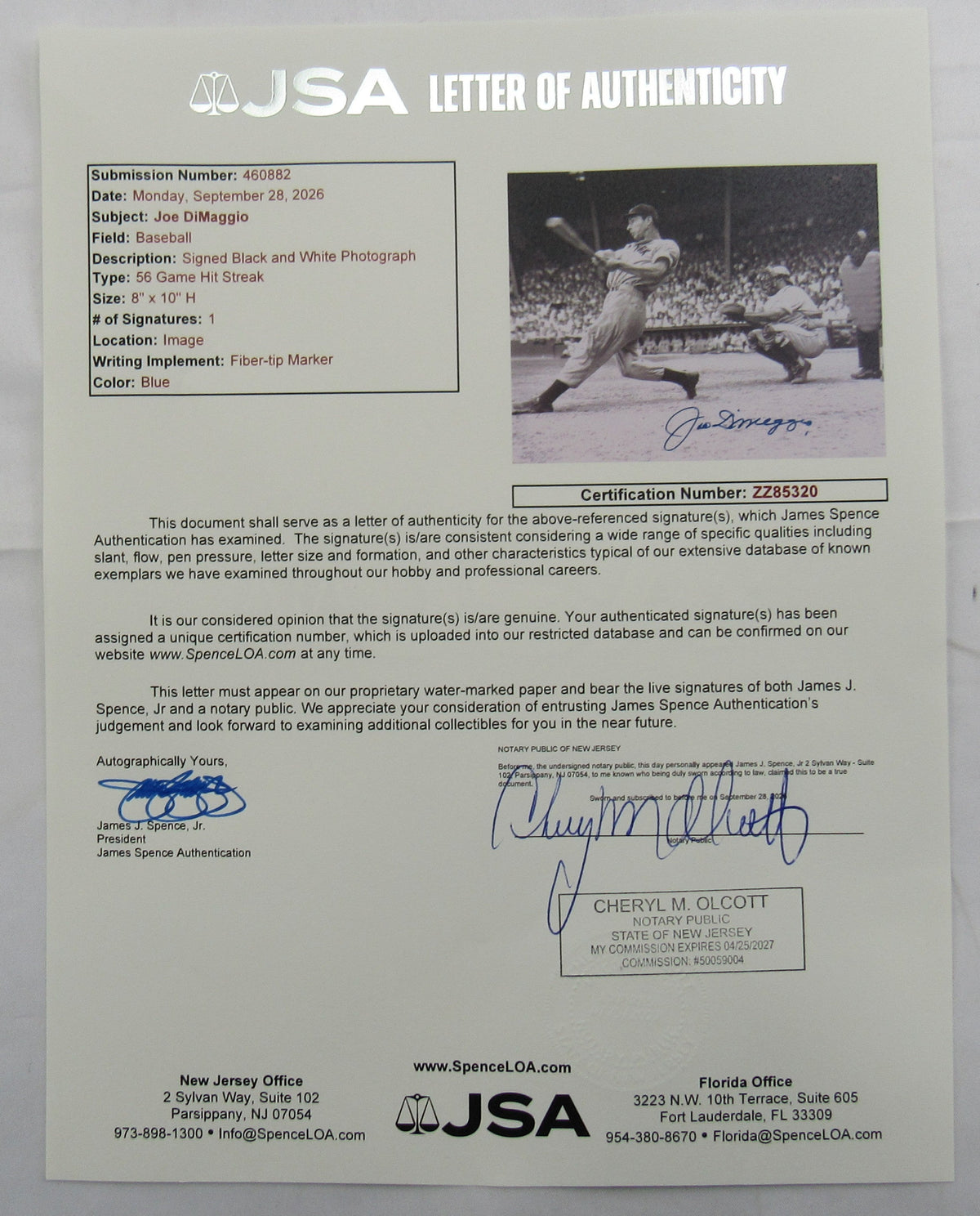 Joe DiMaggio Signed 8x10 Photo JSA LOA ZZ85320