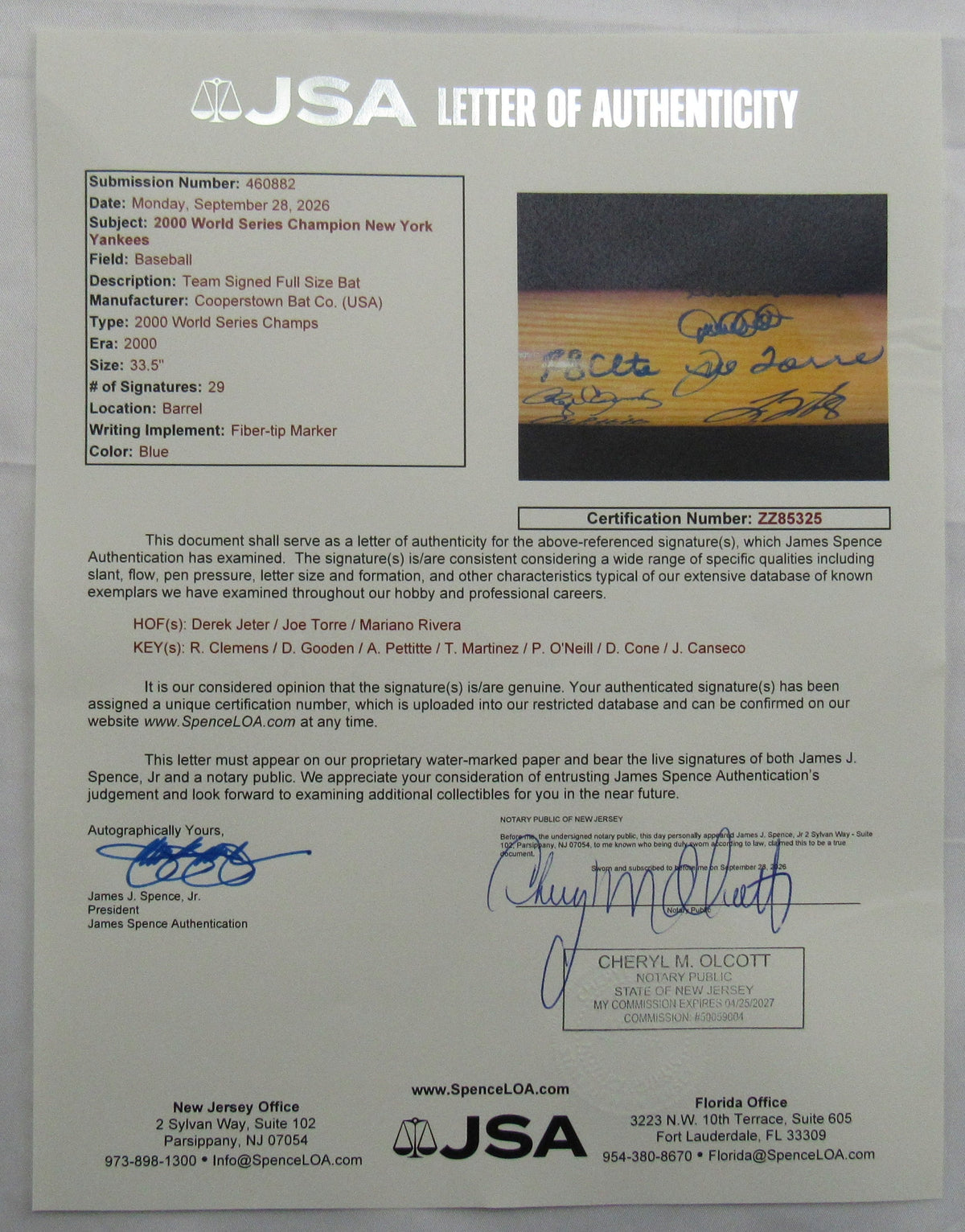2000 World Series Champion Derek Jeter New York Yankees Signed Rawlings Baseball Bat JSA LOA ZZ85325