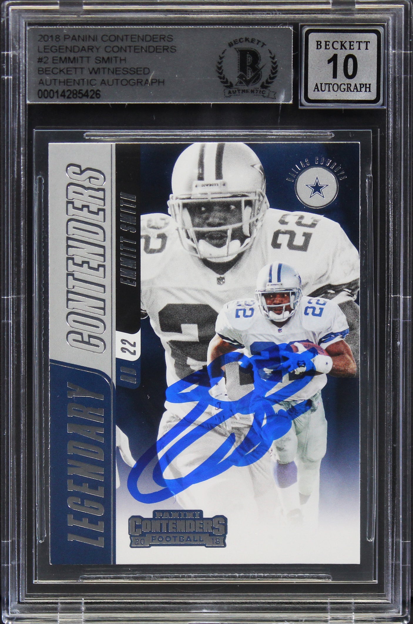 Emmitt Smith Signed 2018 Panini Legendary Contenders #2 Card Auto 10 BAS Slabbed