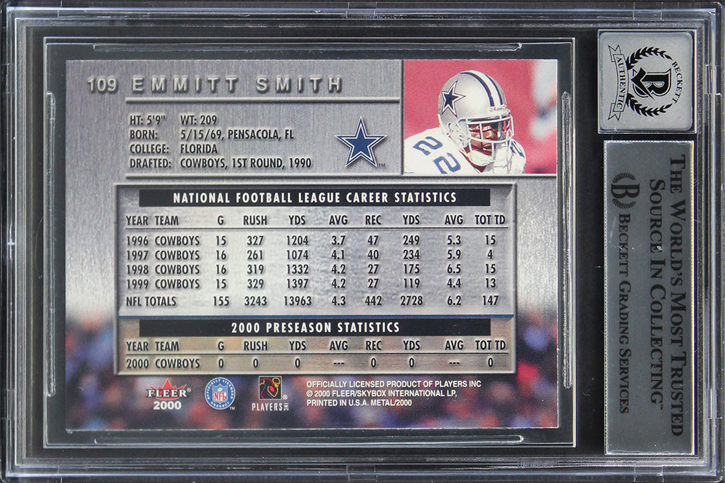 Cowboys Emmitt Smith Authentic Signed 2000 Metal #109 Card Auto 10! BAS Slabbed