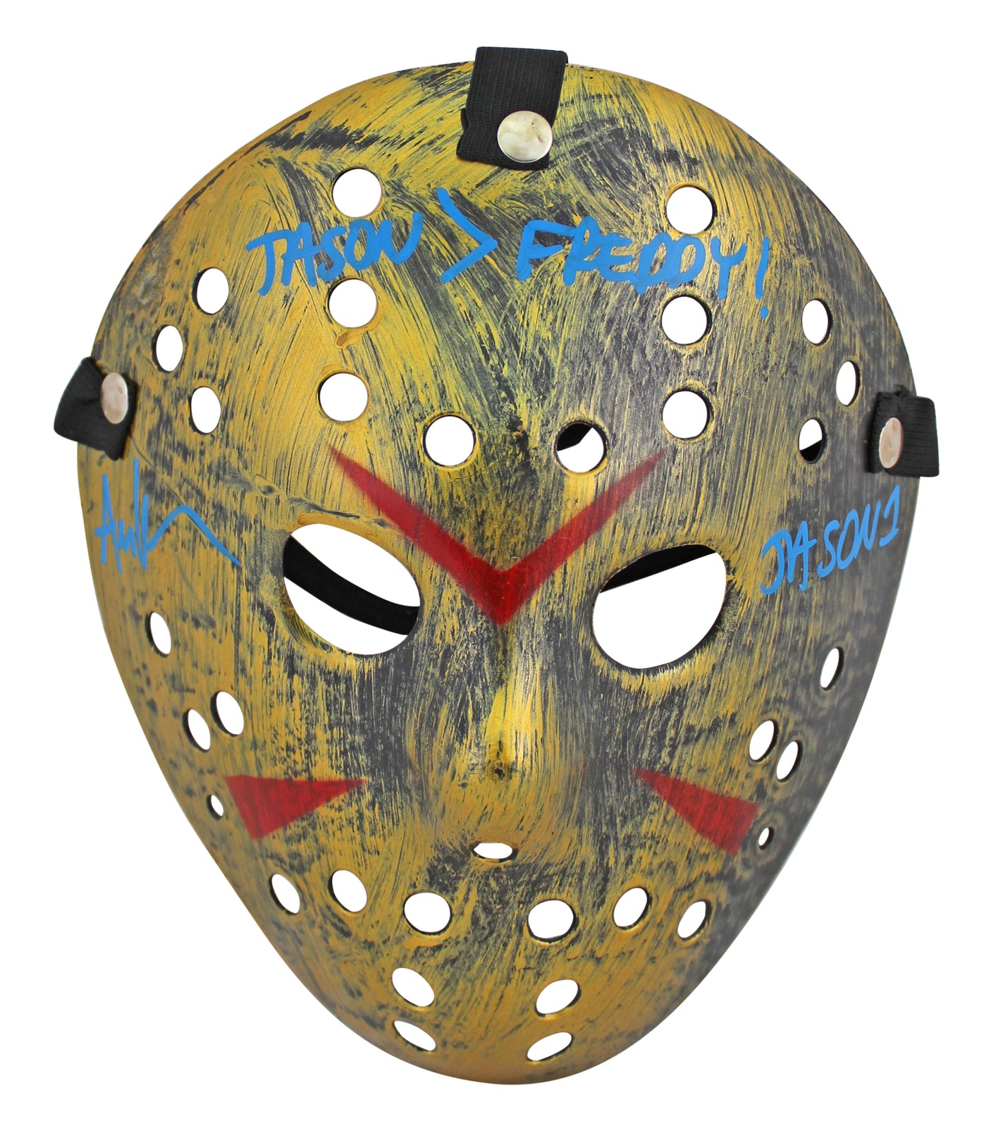 Ari Lehman "Jason > Freddy" Signed Gold Jason Mask w/ Blue Sig BAS Witnessed