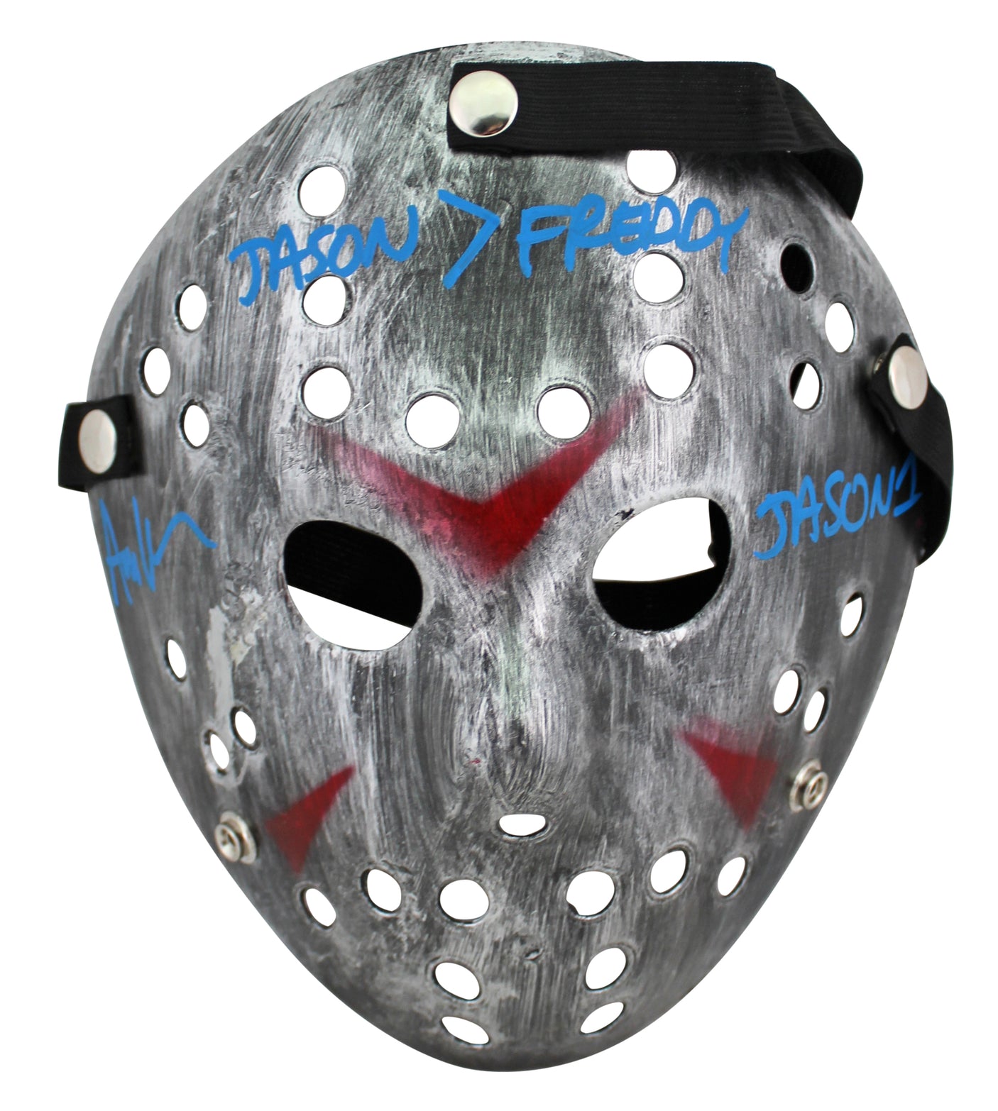 Ari Lehman "Jason > Freddy" Signed Silver Jason Mask w/ Blue Sig BAS Witnessed