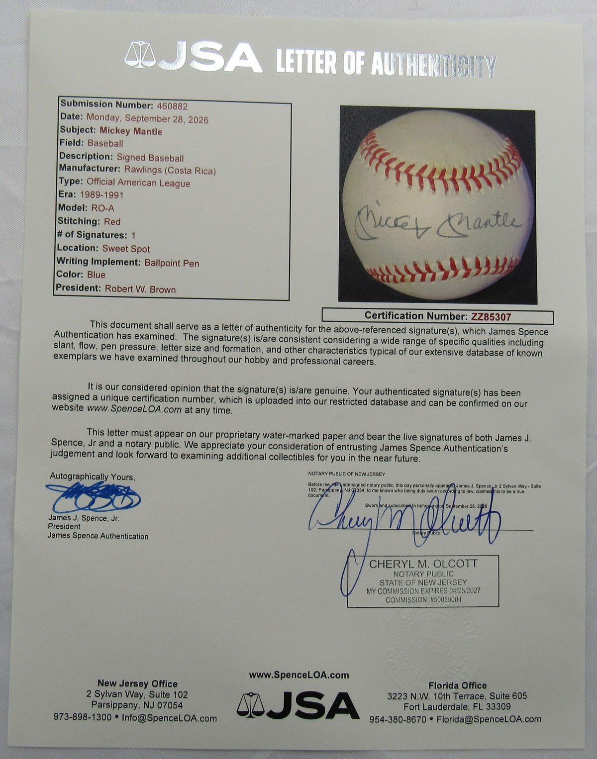 Mickey Mantle Signed Auto Rawlings Baseball JSA LOA ZZ85307