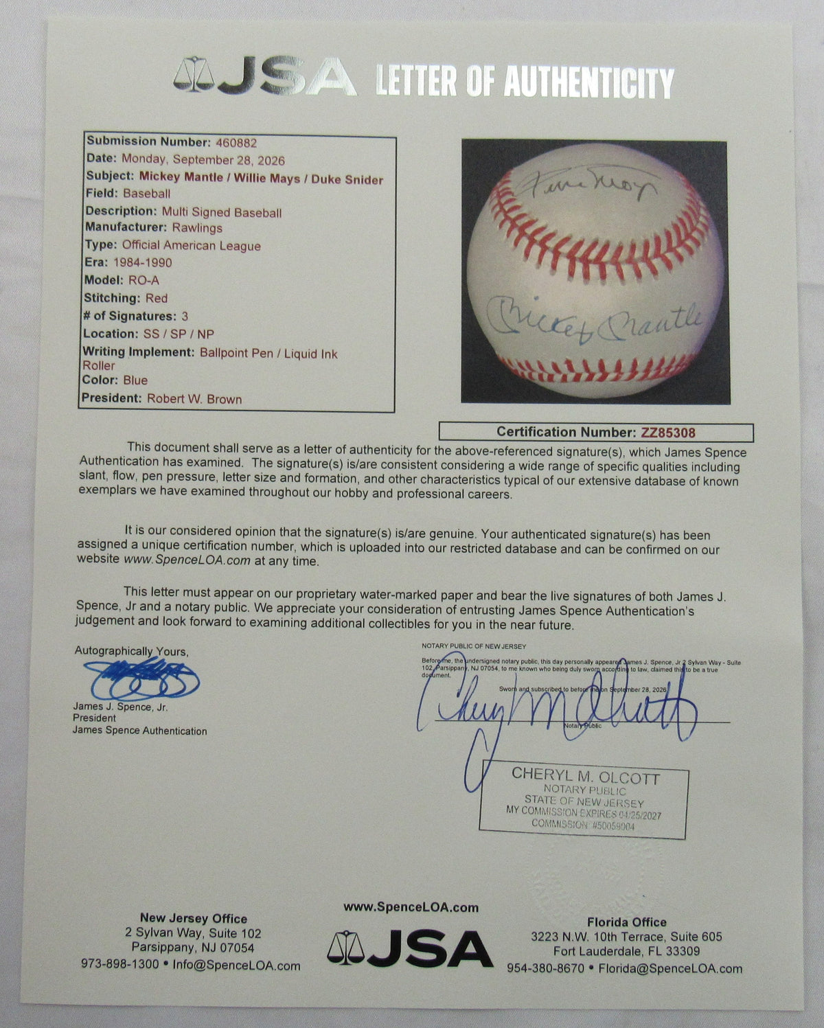 Mickey Mantle Willie Mays Duke Snider Signed Auto Rawlings Baseball JSA LOA ZZ85308