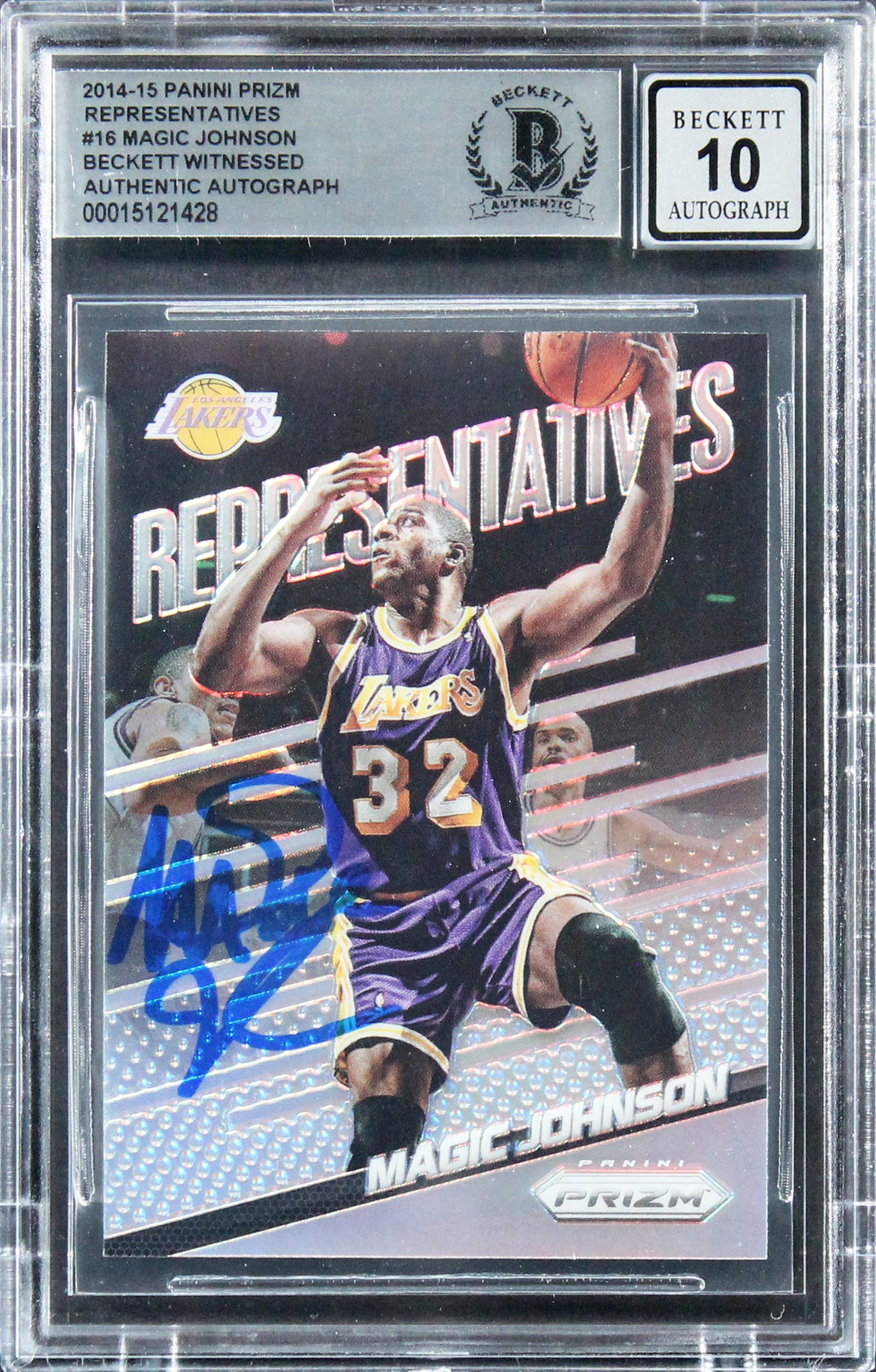 Lakers Magic Johnson Signed 2014 Panini Prizm Rep #16 Card Auto 10! BAS Slabbed