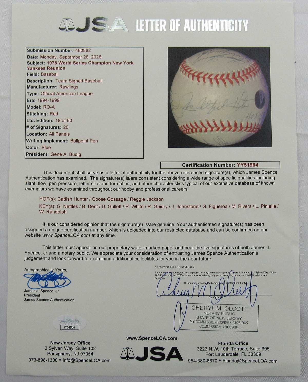 1978 World Series Yankees Signed Auto Rawlings Baseball Reggie Jackson Goose Gossage Catfish Hunter +17 JSA LOA YY51964