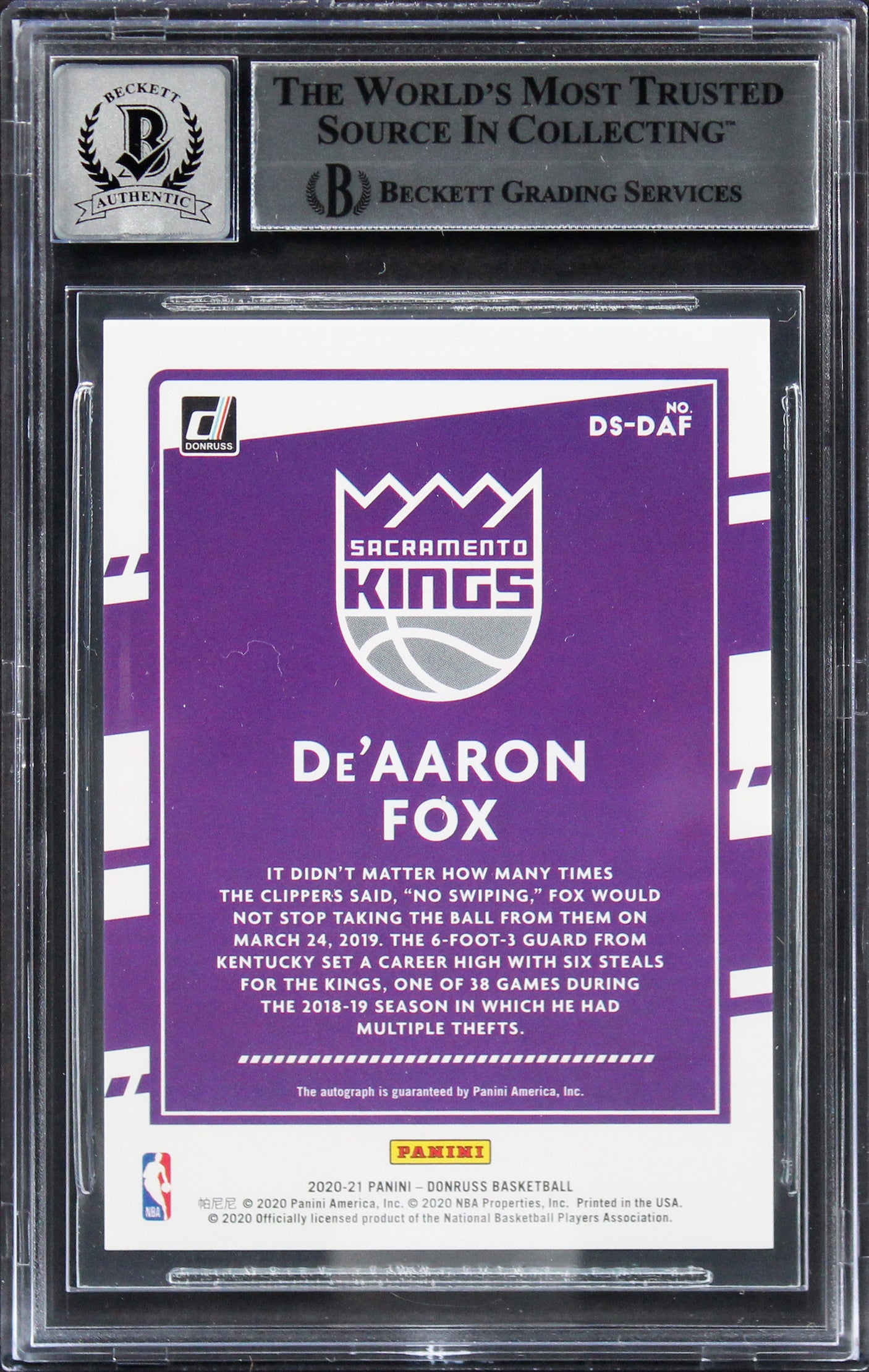 De'Aaron Fox Signed 2020 Donruss Dominator Signatures #8 Card Auto 10! BAS Slab
