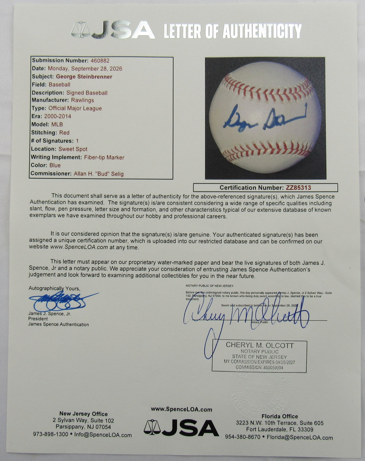 George Steinbrenner Signed Auto Rawlings Baseball JSA LOA ZZ85313