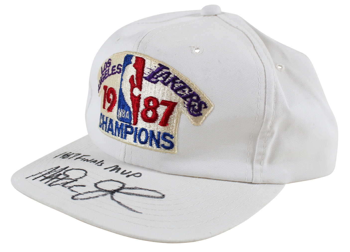 Lakers Magic Johnson "1987 Finals MVP" Signed 1987 World Champ White Hat BAS Wit