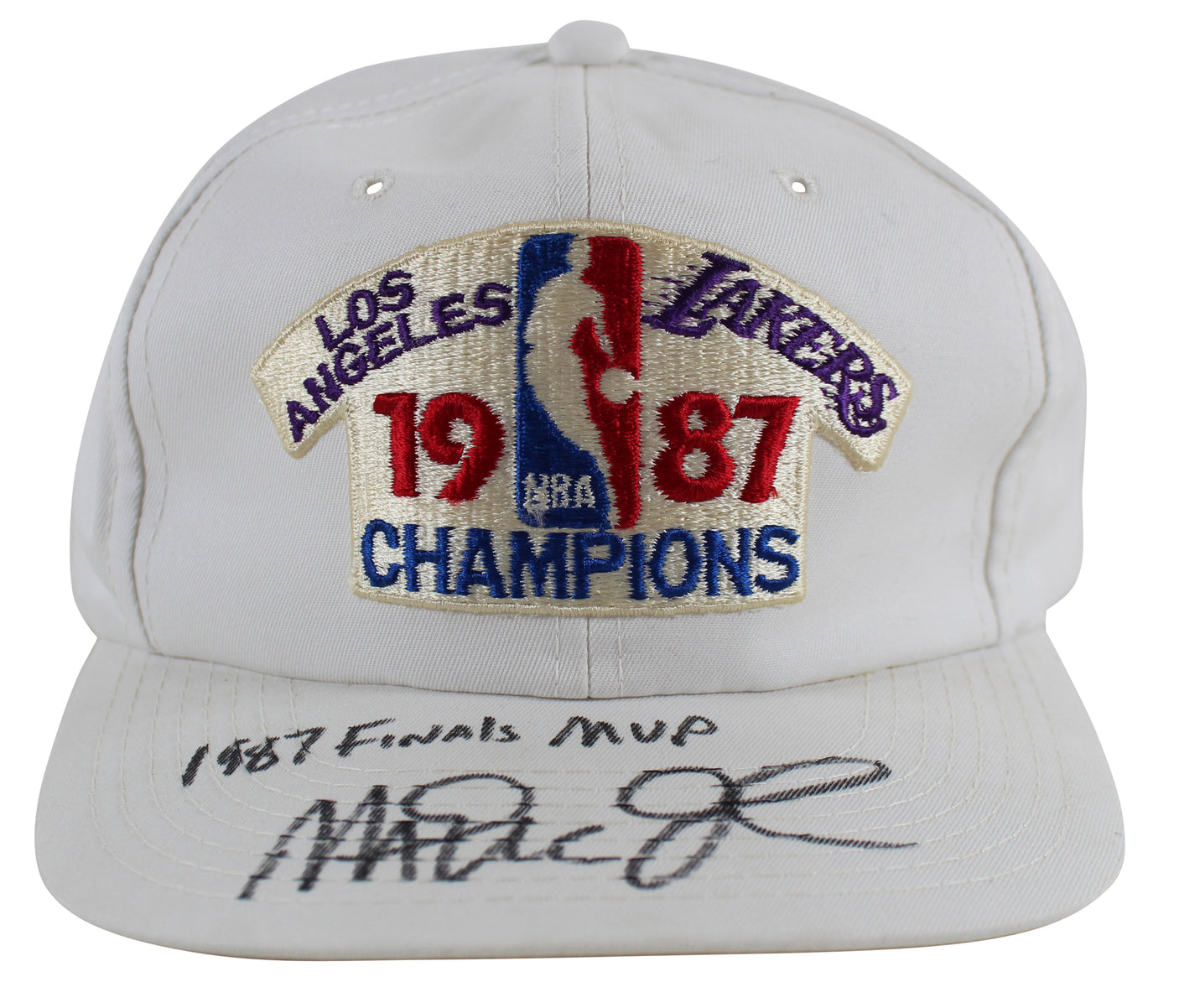 Lakers Magic Johnson "1987 Finals MVP" Signed 1987 World Champ White Hat BAS Wit