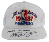 Lakers Magic Johnson "1987 Finals MVP" Signed 1987 World Champ White Hat BAS Wit