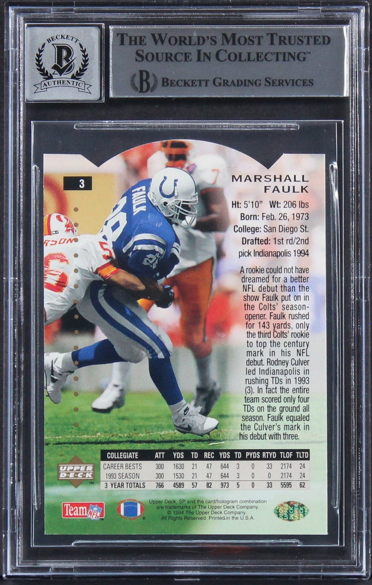 Colts Marshall Faulk Signed 1994 SP Die Cuts #3 Rookie Card Auto 10! BAS Slabbed