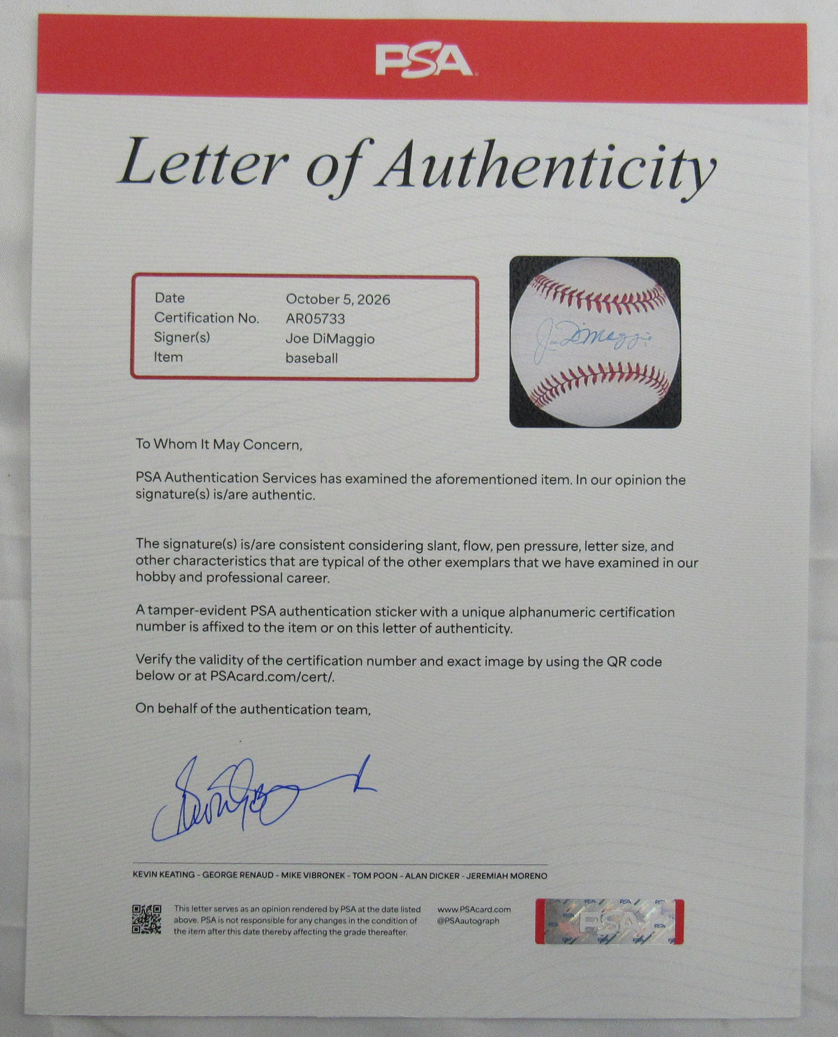 Joe DiMaggio Signed Auto Rawlings Baseball PSA LOA AR056733