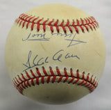 Hank Aaron Willie Mays Signed Auto Rawlings Baseball PSA AQ02031