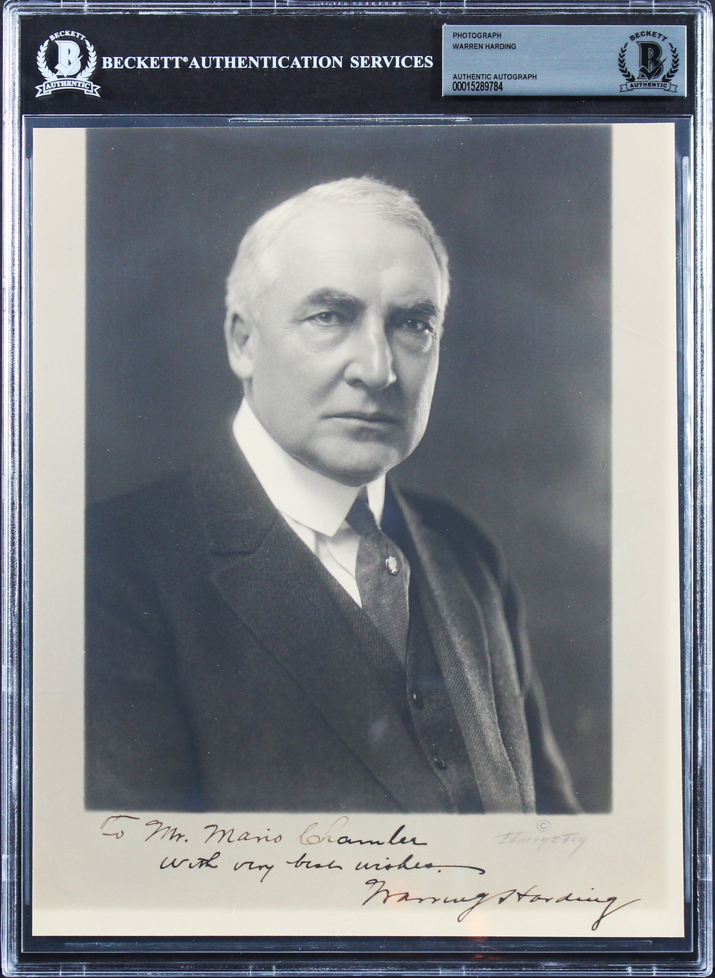 Warren G. Harding "Best Wishes" Authentic Signed 8x10 B&W Photo BAS Slabbed