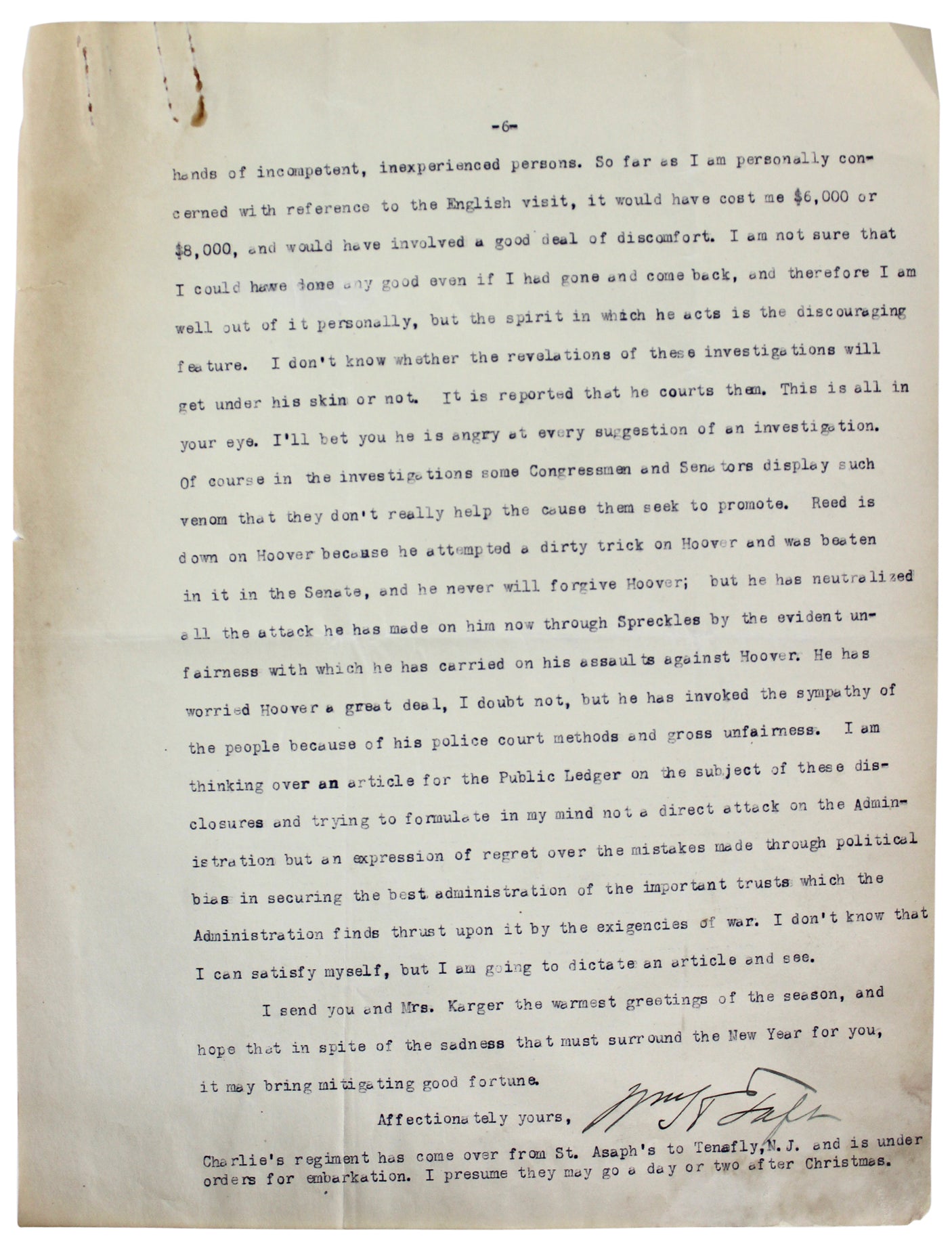 William H. Taft Signed 6 Page 8x10.5 Letter Dated December 24, 1917 BAS #A39056