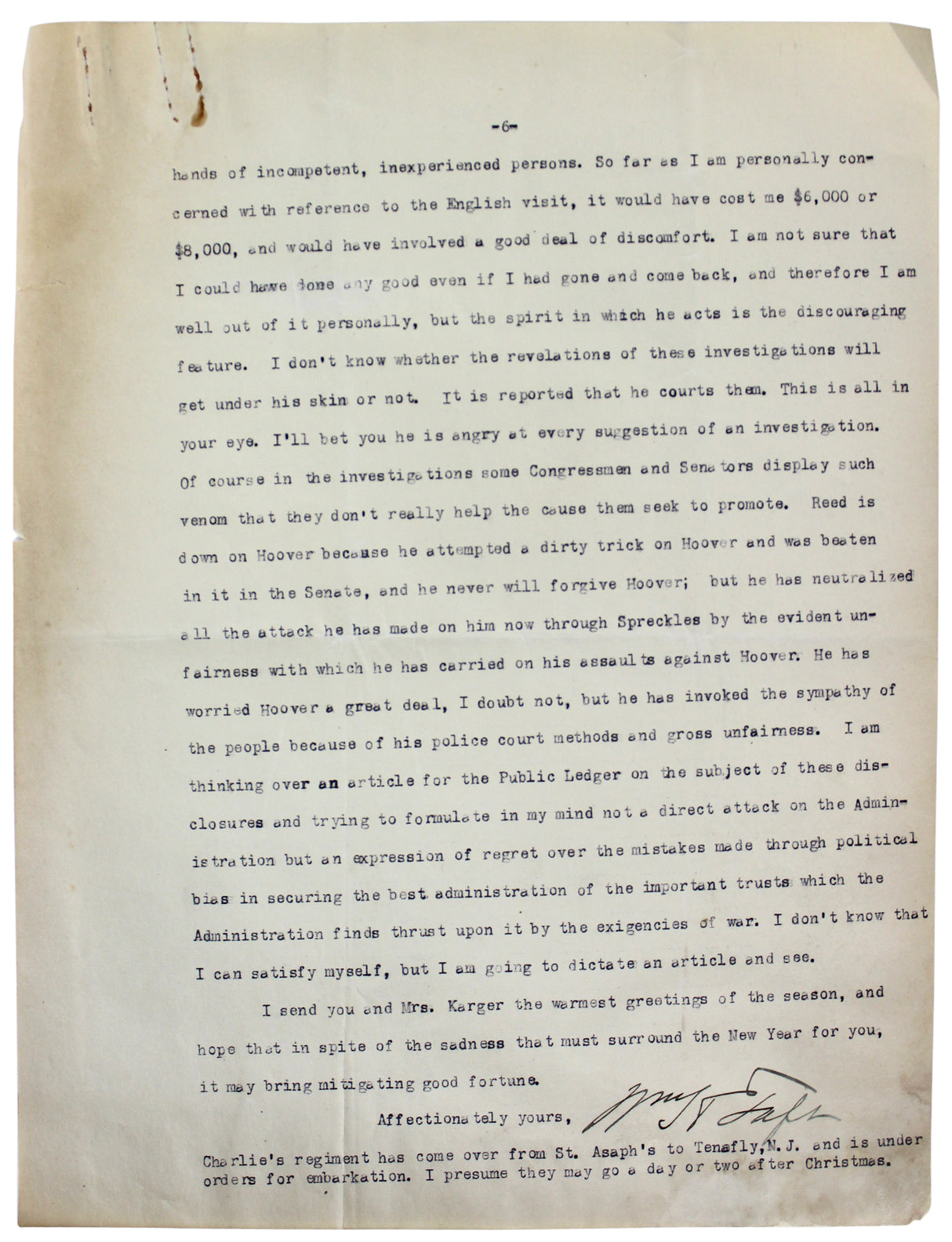 William H. Taft Signed 6 Page 8x10.5 Letter Dated December 24, 1917 BAS #A39056