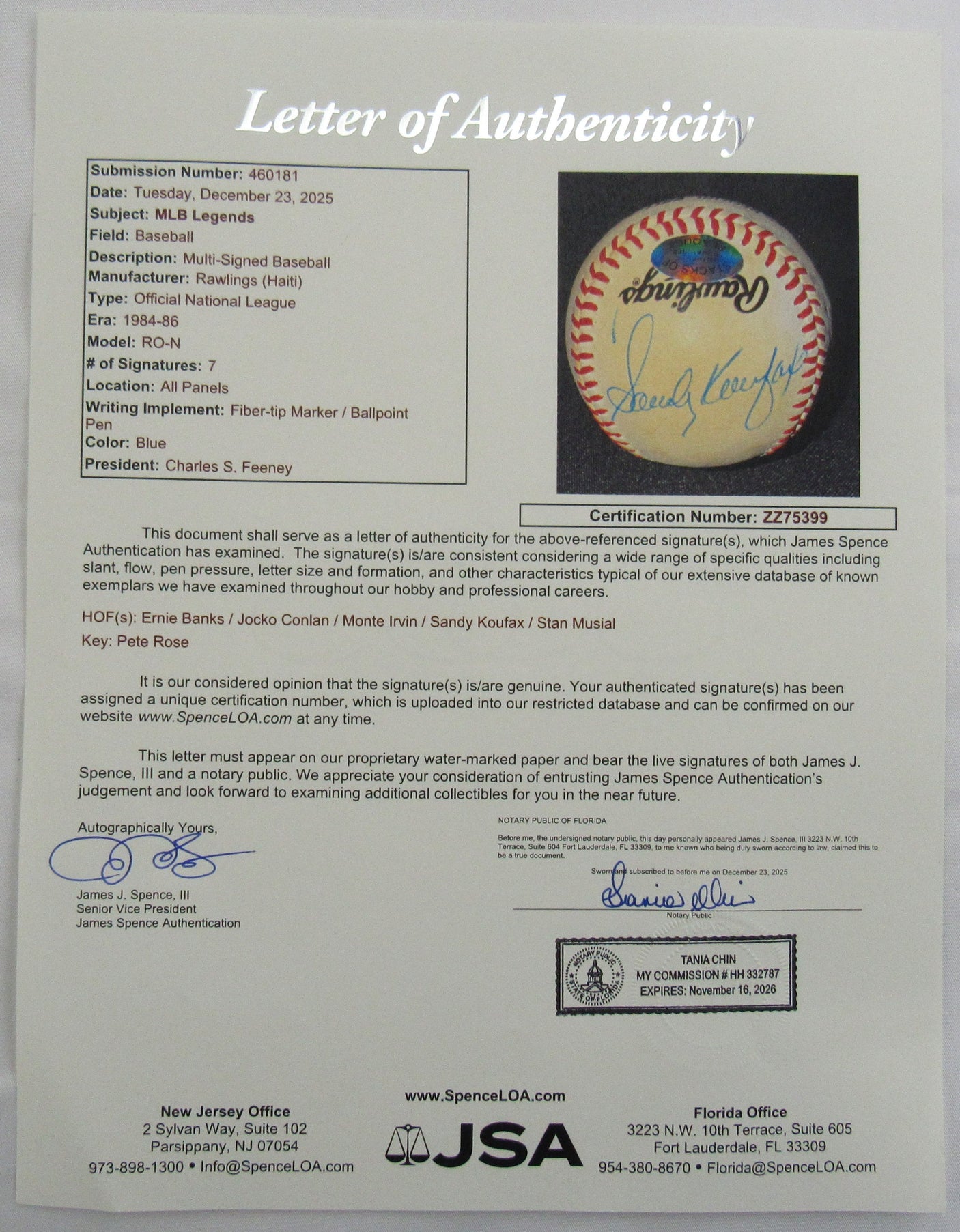 Pete Rose Ernie Banks Sandy Koufax +3 Signed Auto Rawlings Baseball JSA LOA ZZ75399
