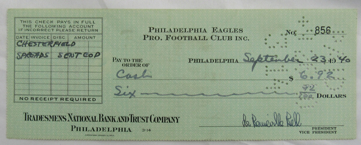 Bert Bell Multi Signed Auto Eagles Check JSA CM07467