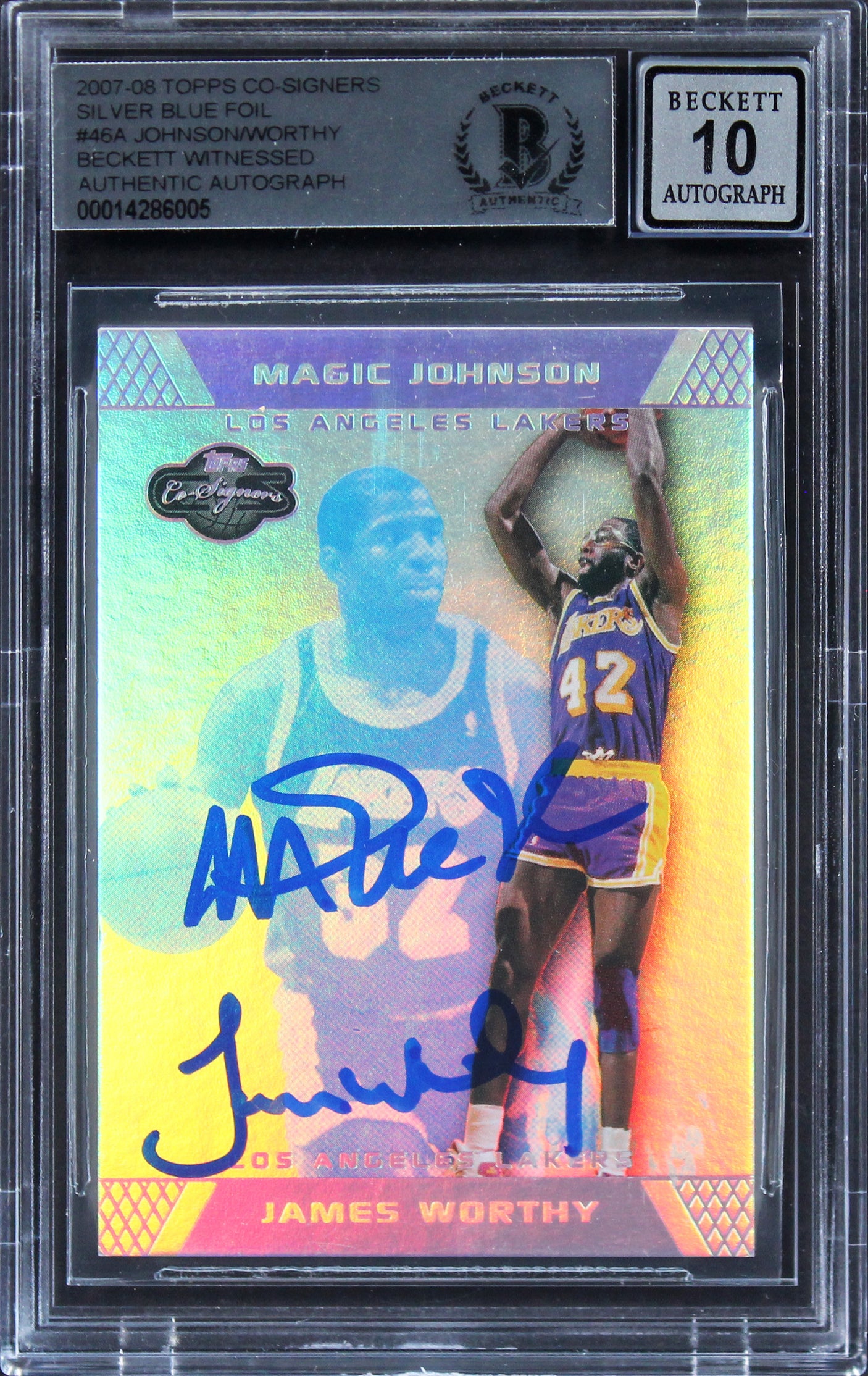 Magic Johnson & James Worthy Signed 2007 Topps Silver #46A Card Auto 10 BAS Slab