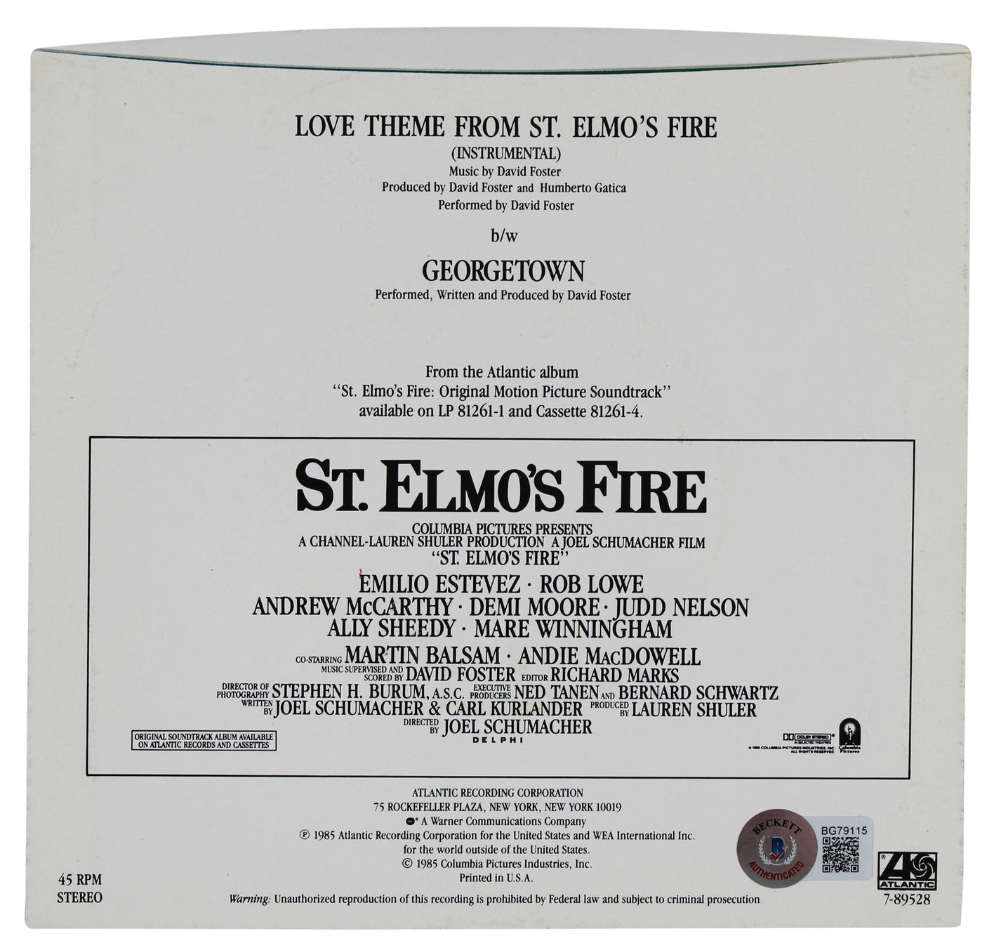 Emilio Estevez & Ally Sheedy Signed St. Elmo's Fire 45 RPM Album Cover BAS