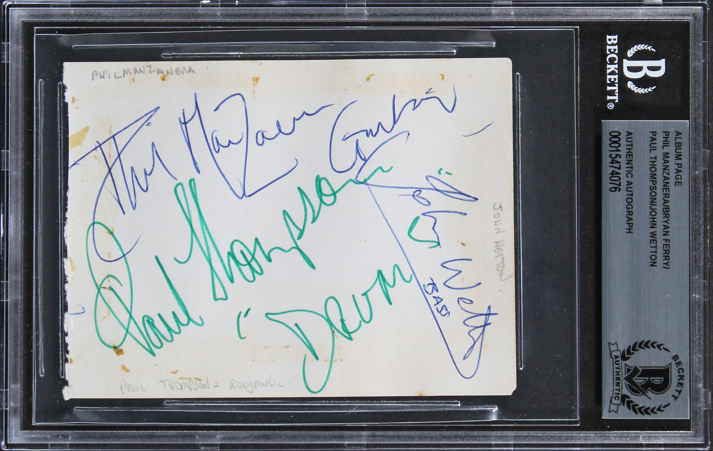 Roxy Music (4) Manzanera, Ferry, Thompson & Wetton Signed 3.35x4.5 Page BAS Slab