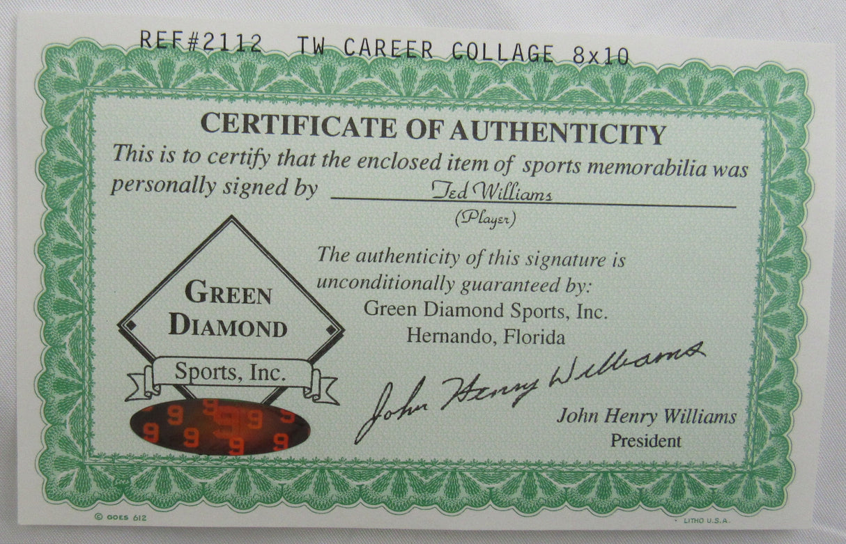 Ted Williams Signed Auto 8x10 Photo w/ COA- Green Diamond COA