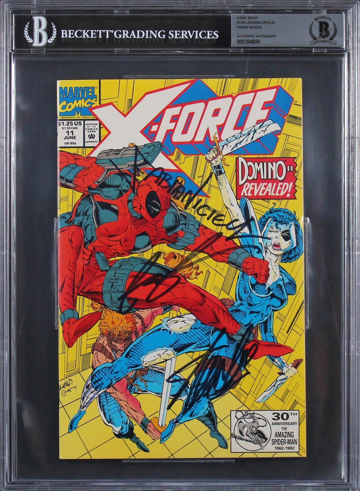 (3) Stan Lee, Rob Liefeld & Fabian Nicieza Signed X-Force #11 Comic BAS Slabbed