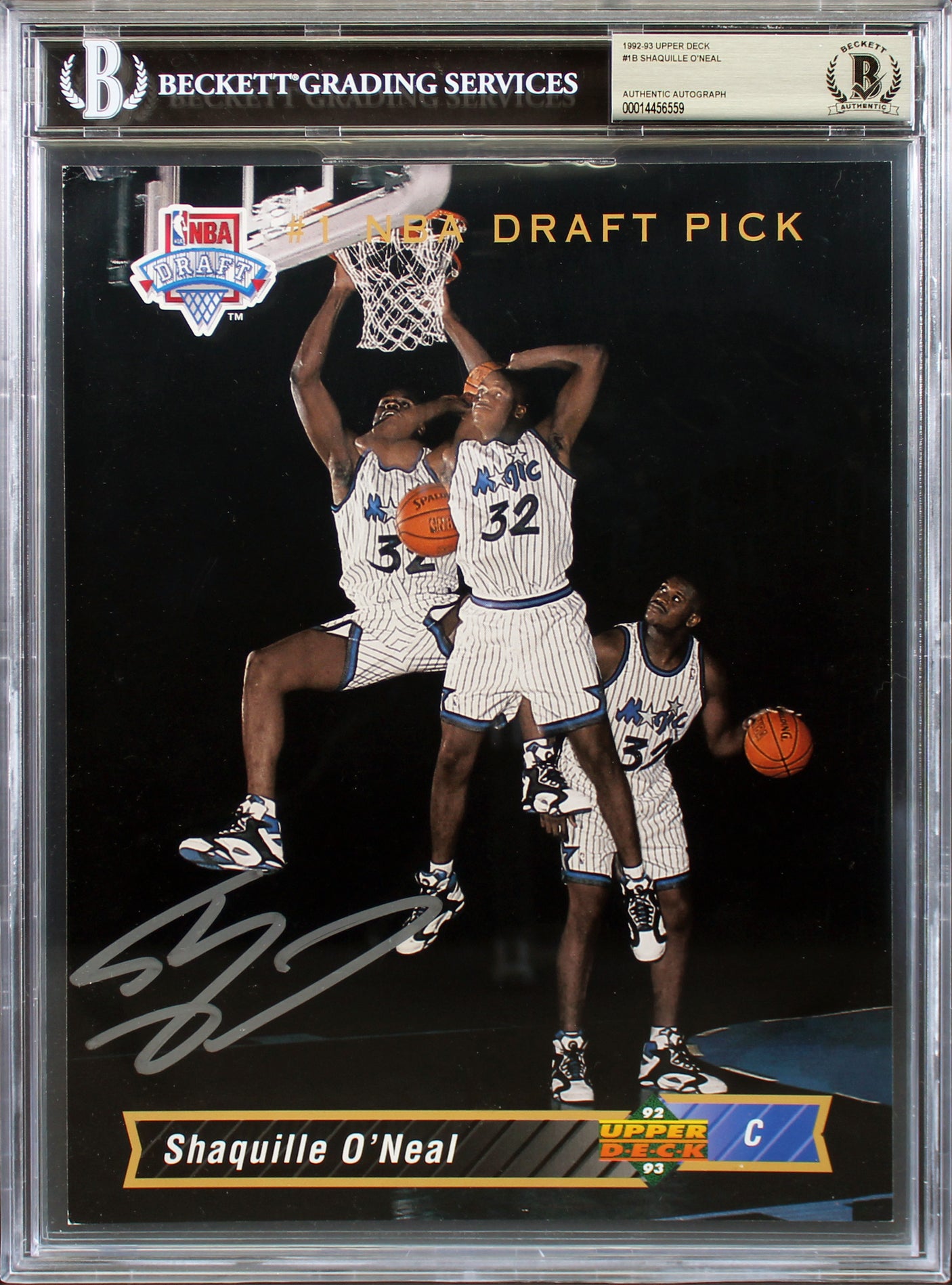 Magic Shaquille O'Neal Signed 8.25x10.75 1992 Upper Deck #1B RC Card BAS Slabbed
