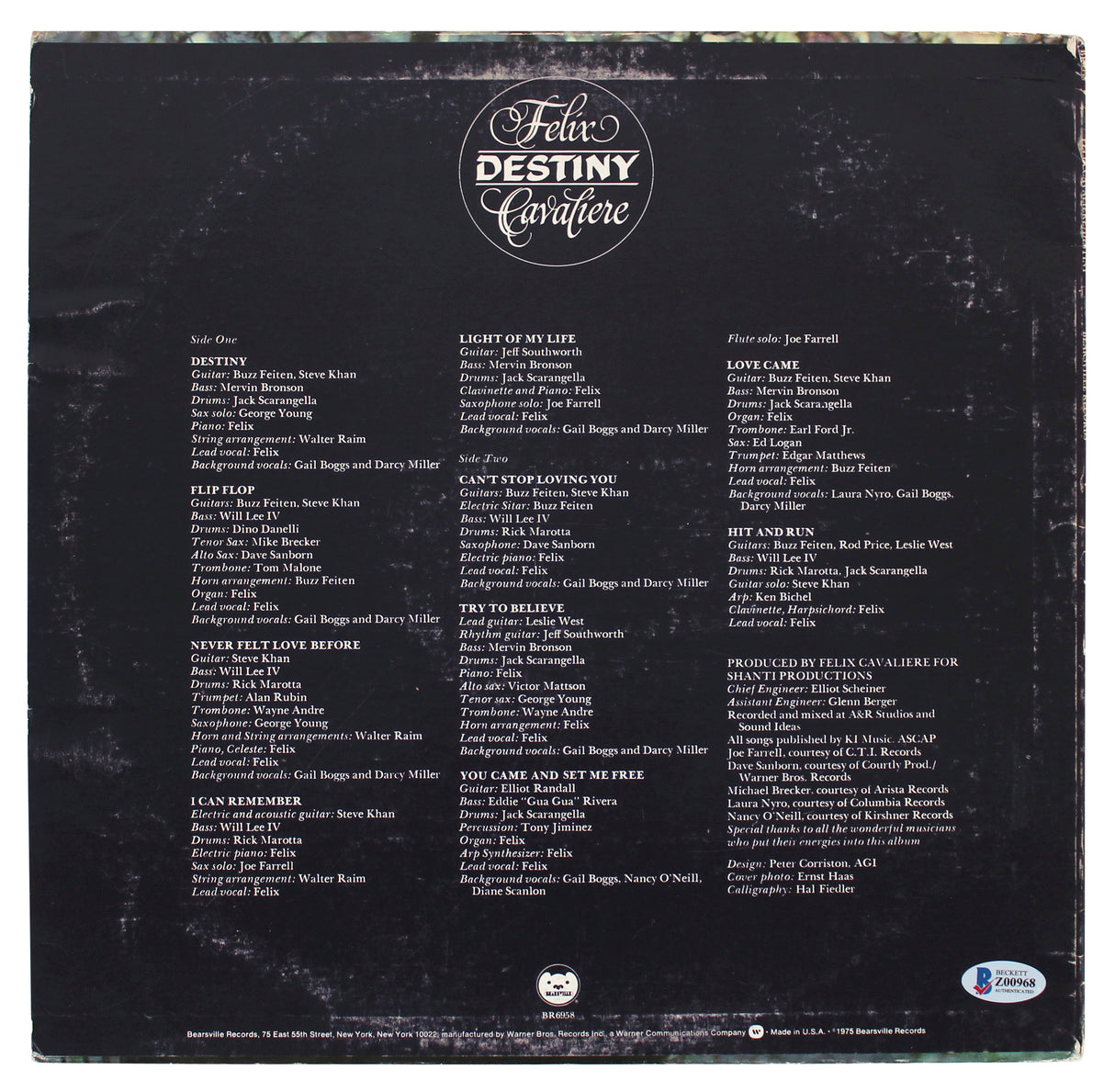 Felix Cavaliere Signed Destiny Promotional Copy Album Cover W/ Vinyl BAS #Z00968