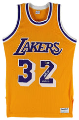 Lakers Magic Johnson "HOF 02" Signed Yellow MacGregor Sand-Knit Jersey BAS Wit 3