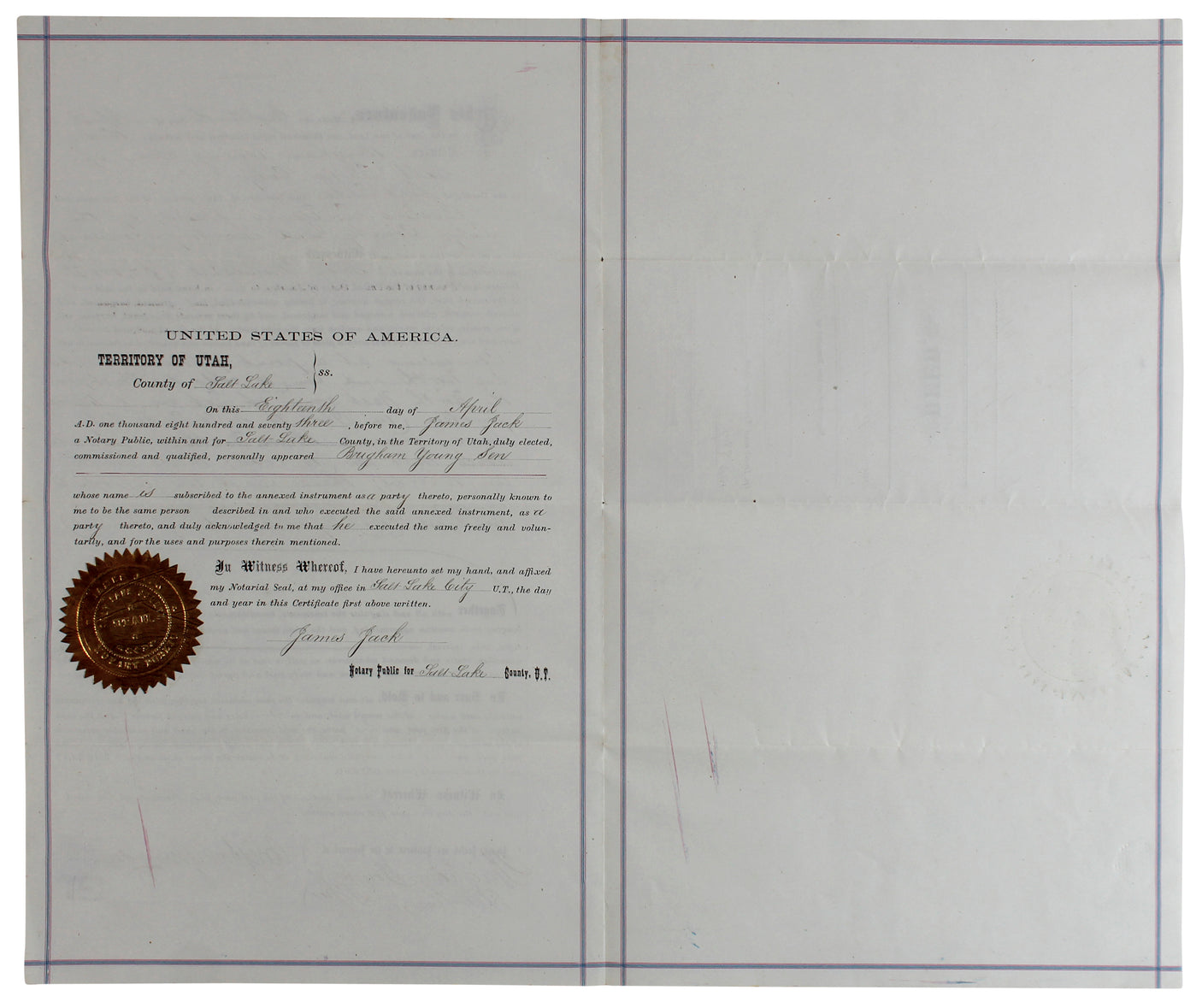 Brigham Young Authentic Signed 7.5x14.5 1873 Land Deed Document BAS #AB77797