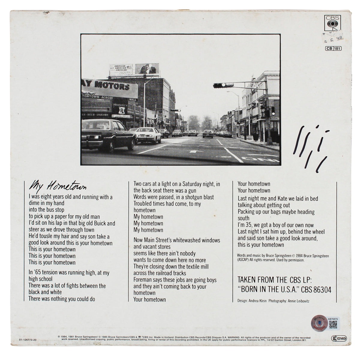 Bruce Springsteen Authentic Signed My Hometown Album Cover W/ Vinyl BAS #AB76879