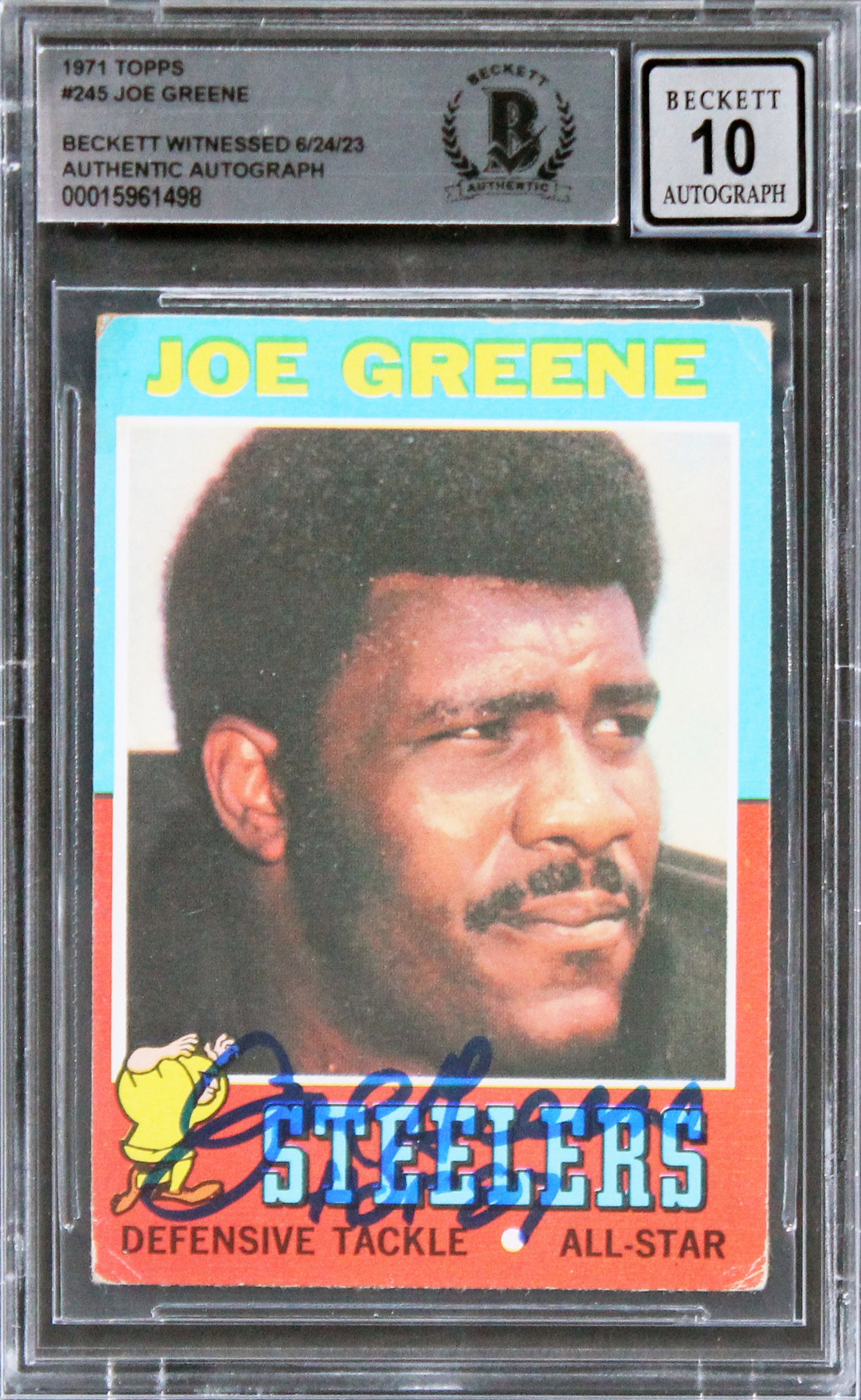 Steelers Joe Greene "HOF 87" Signed 1971 Topps #245 RC Card Auto 10 BAS Slab 7
