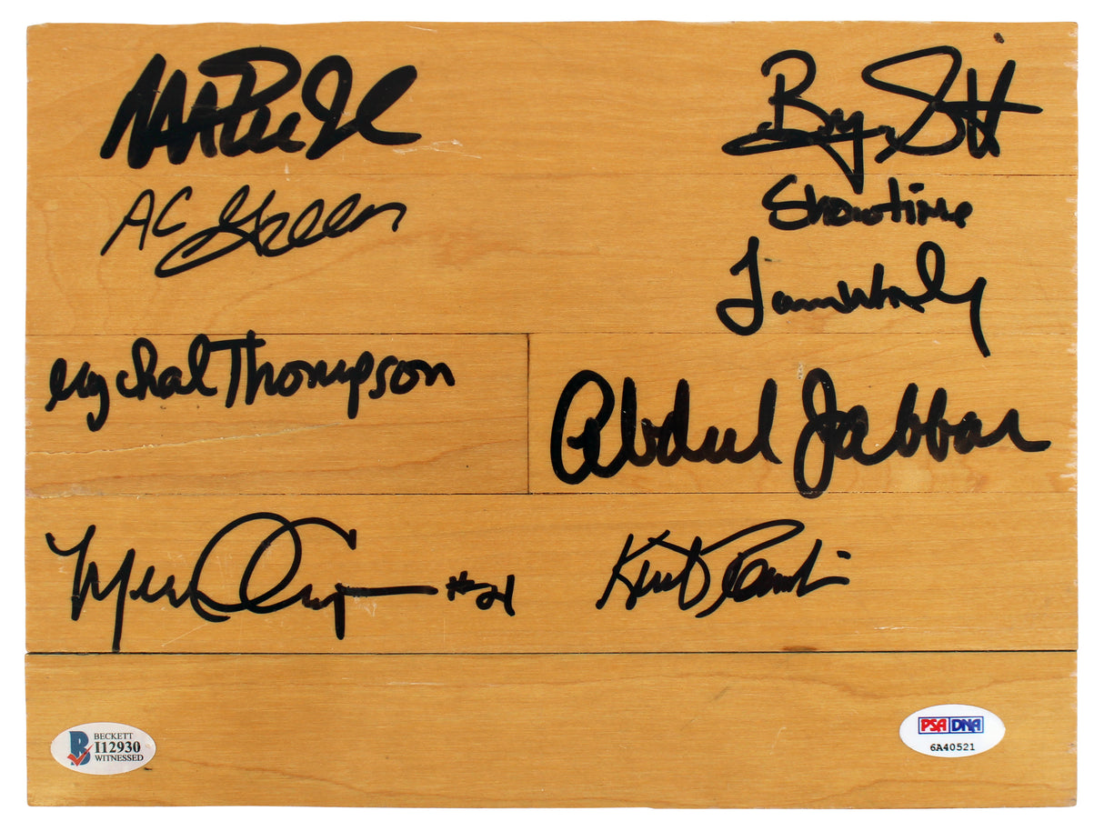 Showtime Lakers (8) Magic, Kareem +6 Signed 8x10 Forum Floorboard PSA & BAS 3