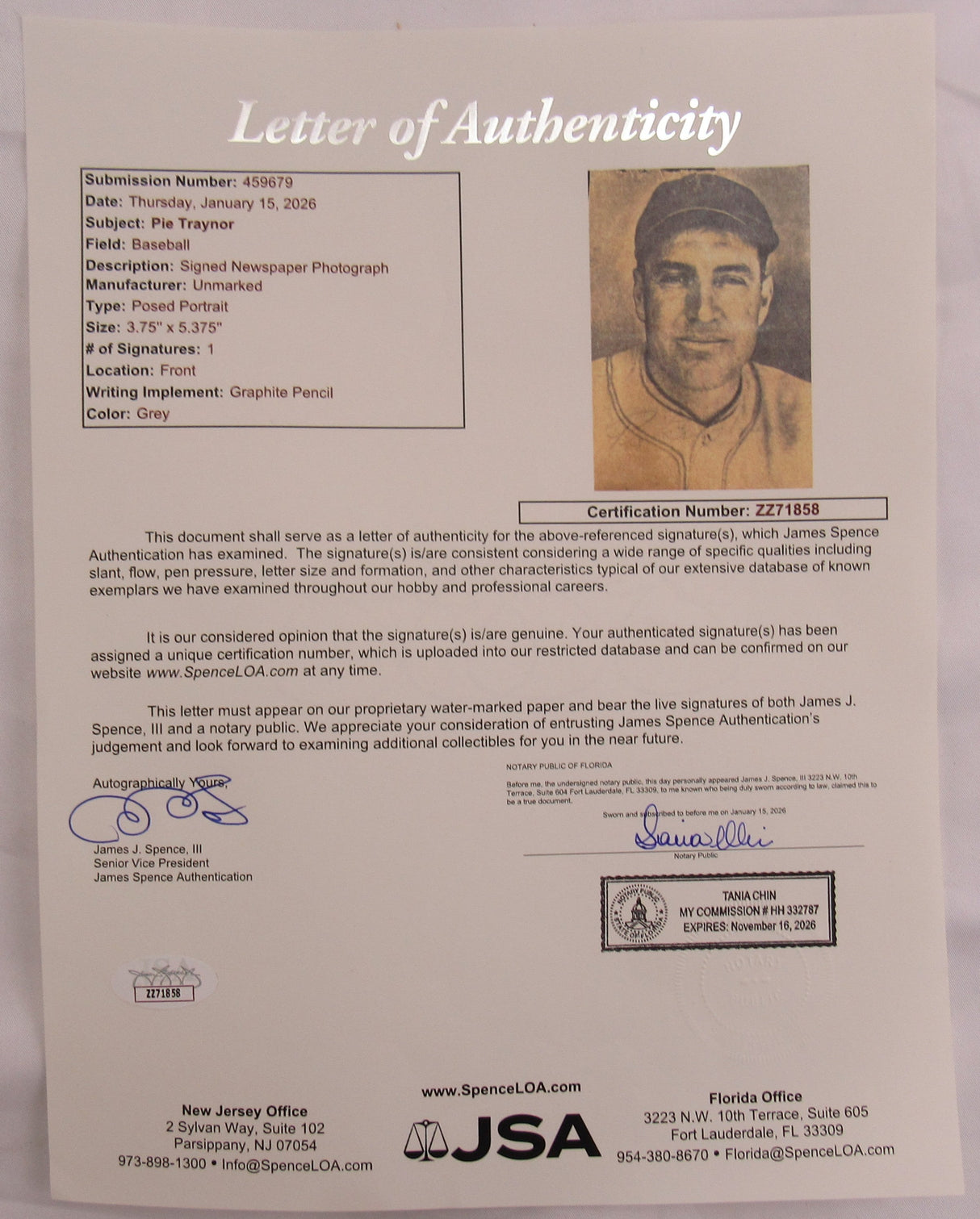 Pie Traynor Signed Auto Newspaper Photograph JSA LOA ZZ71858